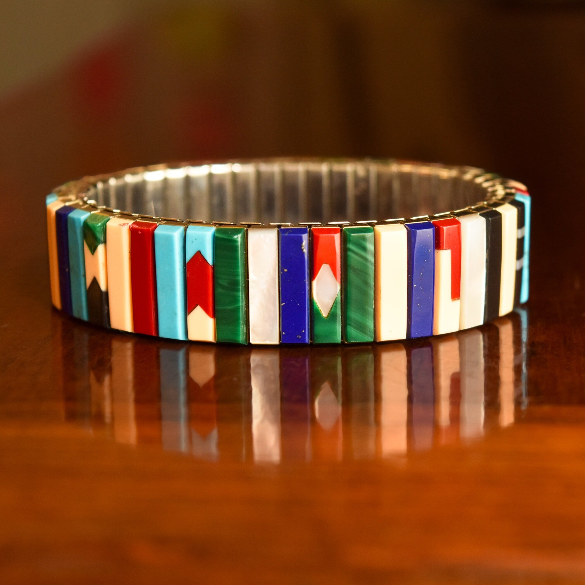 Unique Multi-Stone Stretch Metal Bracelet, Slingshot Watch Band, Southwestern Jewelry, 6.5"