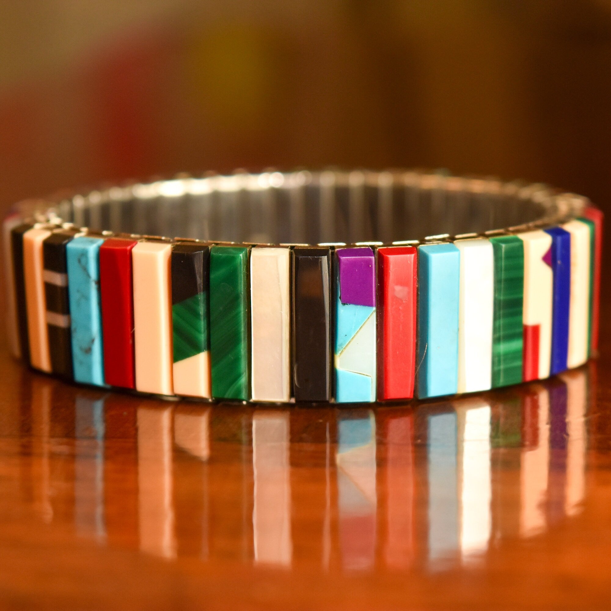 Unique Multi-Stone Stretch Metal Bracelet, Slingshot Watch Band, Southwestern Jewelry, 6.5"