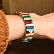 Unique Multi-Stone Stretch Metal Bracelet, Slingshot Watch Band, Southwestern Jewelry, 6.5"