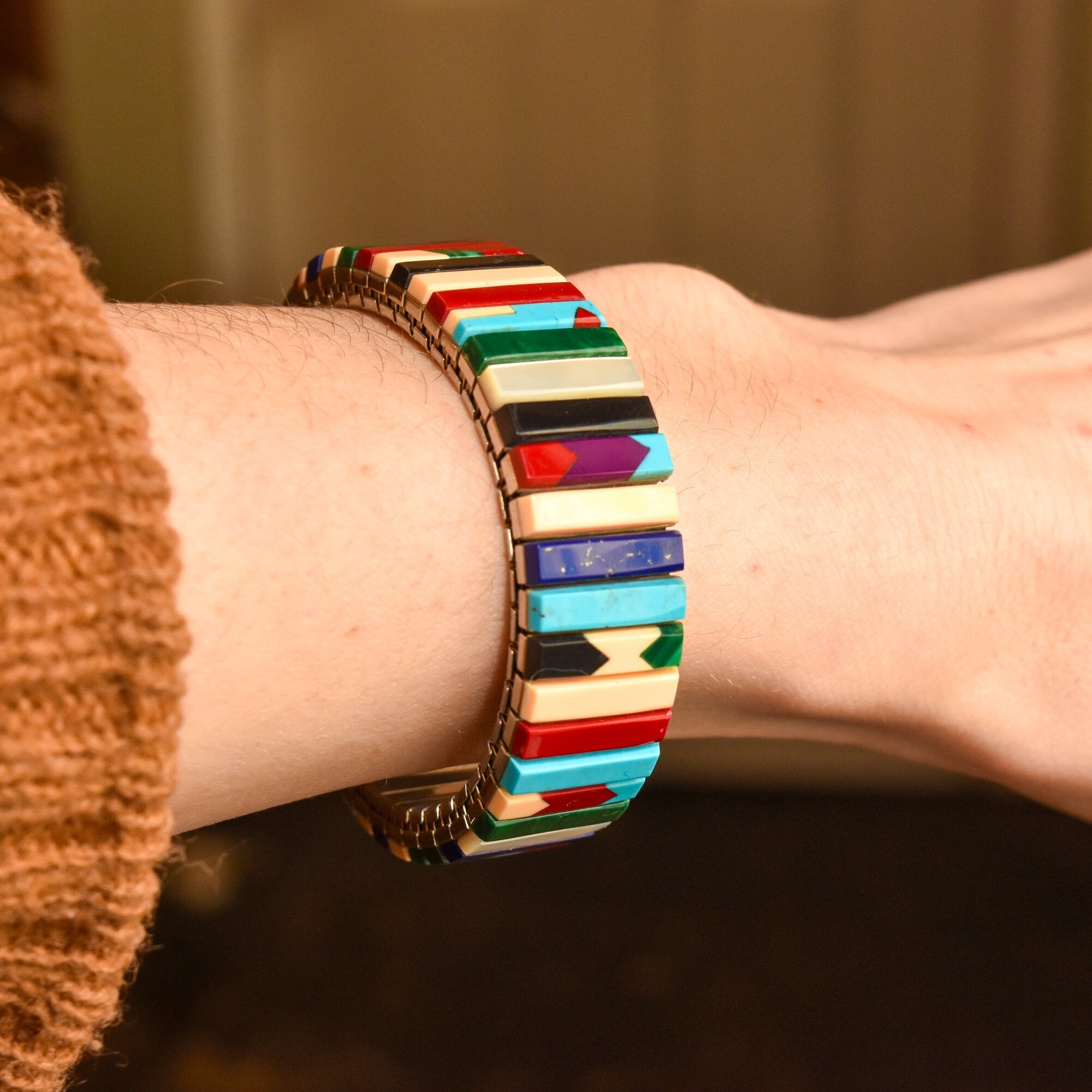 Unique Multi-Stone Stretch Metal Bracelet, Slingshot Watch Band, Southwestern Jewelry, 6.5"