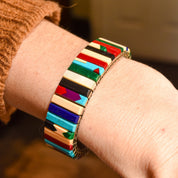 Unique Multi-Stone Stretch Metal Bracelet, Slingshot Watch Band, Southwestern Jewelry, 6.5"
