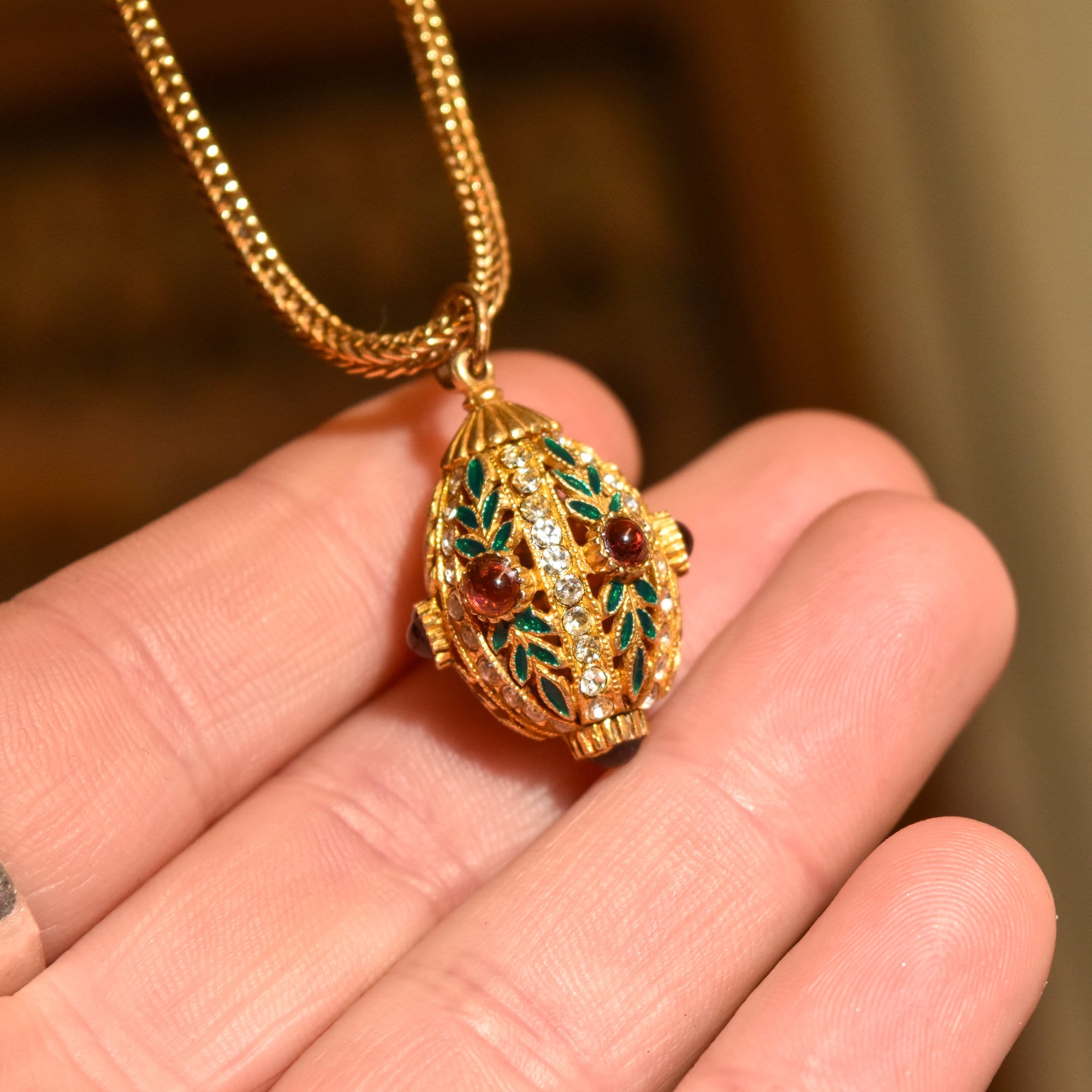 Russian Faberge Egg Charm Pendant, Enamel & Swarovski Crystals, Estate Jewelry, 32mm