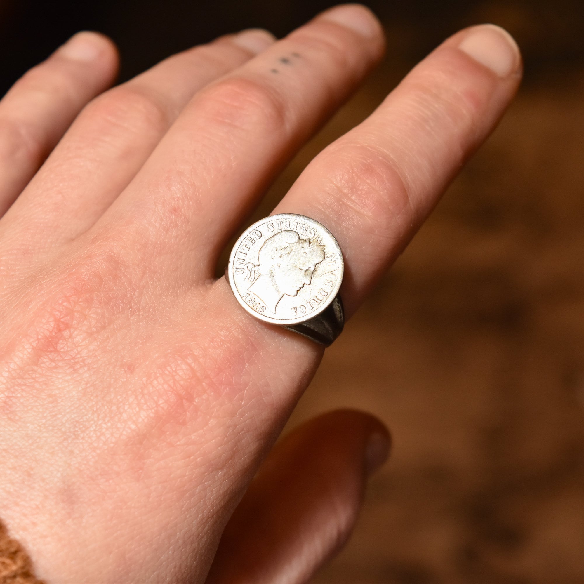 Sterling Silver 1916 Liberty Barber Dime Coin Ring, Men's Jewelry, Size 9 1/4 US