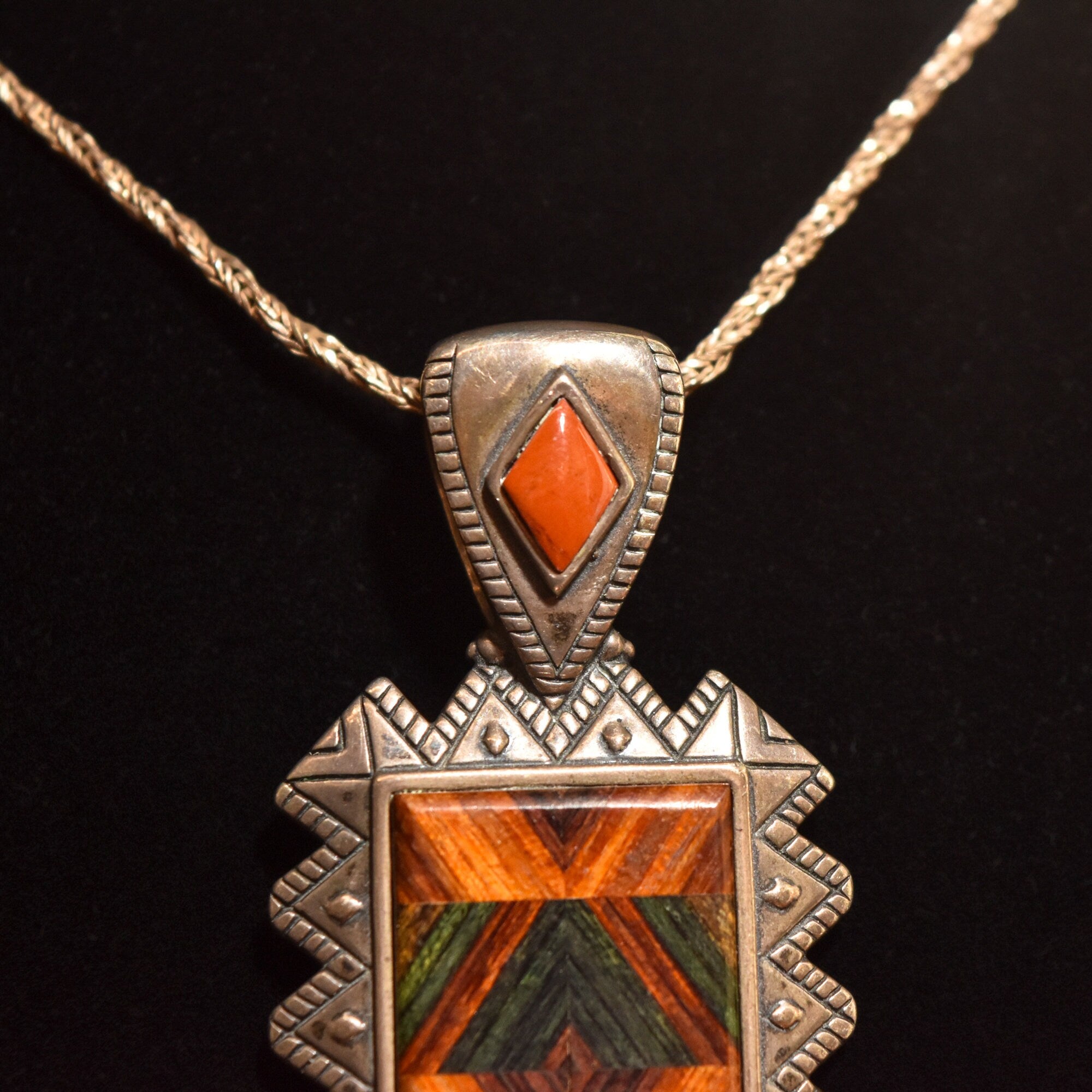 Beautiful Mosaic Inlay Sterling Silver Pendant, Relios By Carolyn Pollack, Southwestern Jewelry, 2.5"