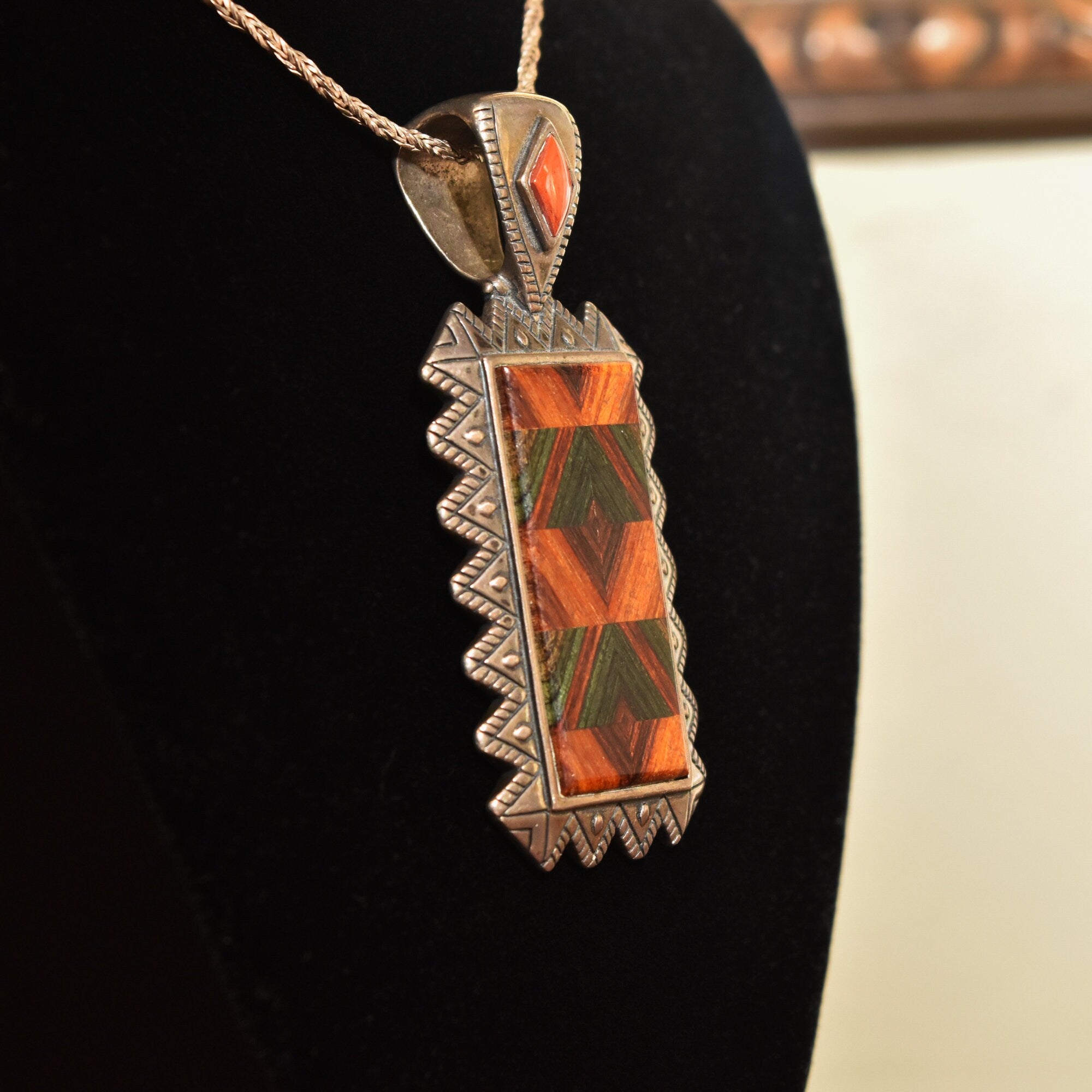 Beautiful Mosaic Inlay Sterling Silver Pendant, Relios By Carolyn Pollack, Southwestern Jewelry, 2.5"