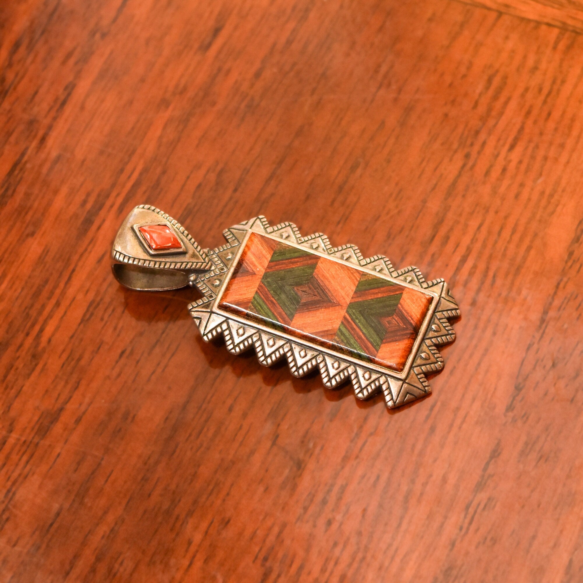 Beautiful Mosaic Inlay Sterling Silver Pendant, Relios By Carolyn Pollack, Southwestern Jewelry, 2.5"