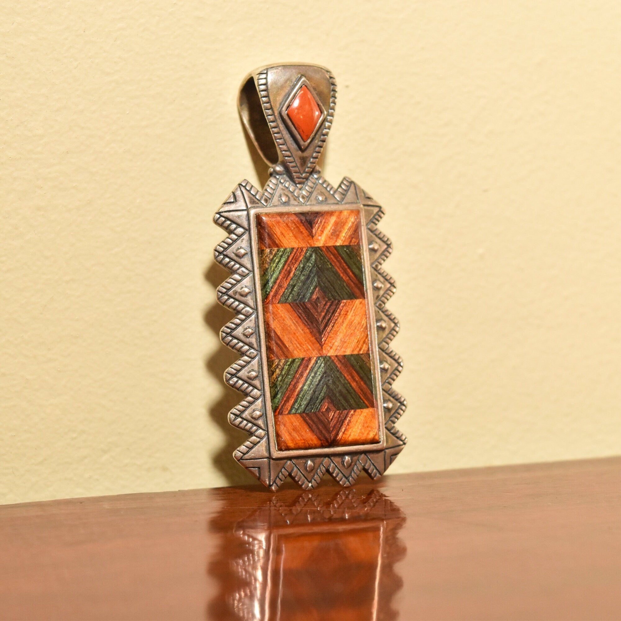 Beautiful Mosaic Inlay Sterling Silver Pendant, Relios By Carolyn Pollack, Southwestern Jewelry, 2.5"