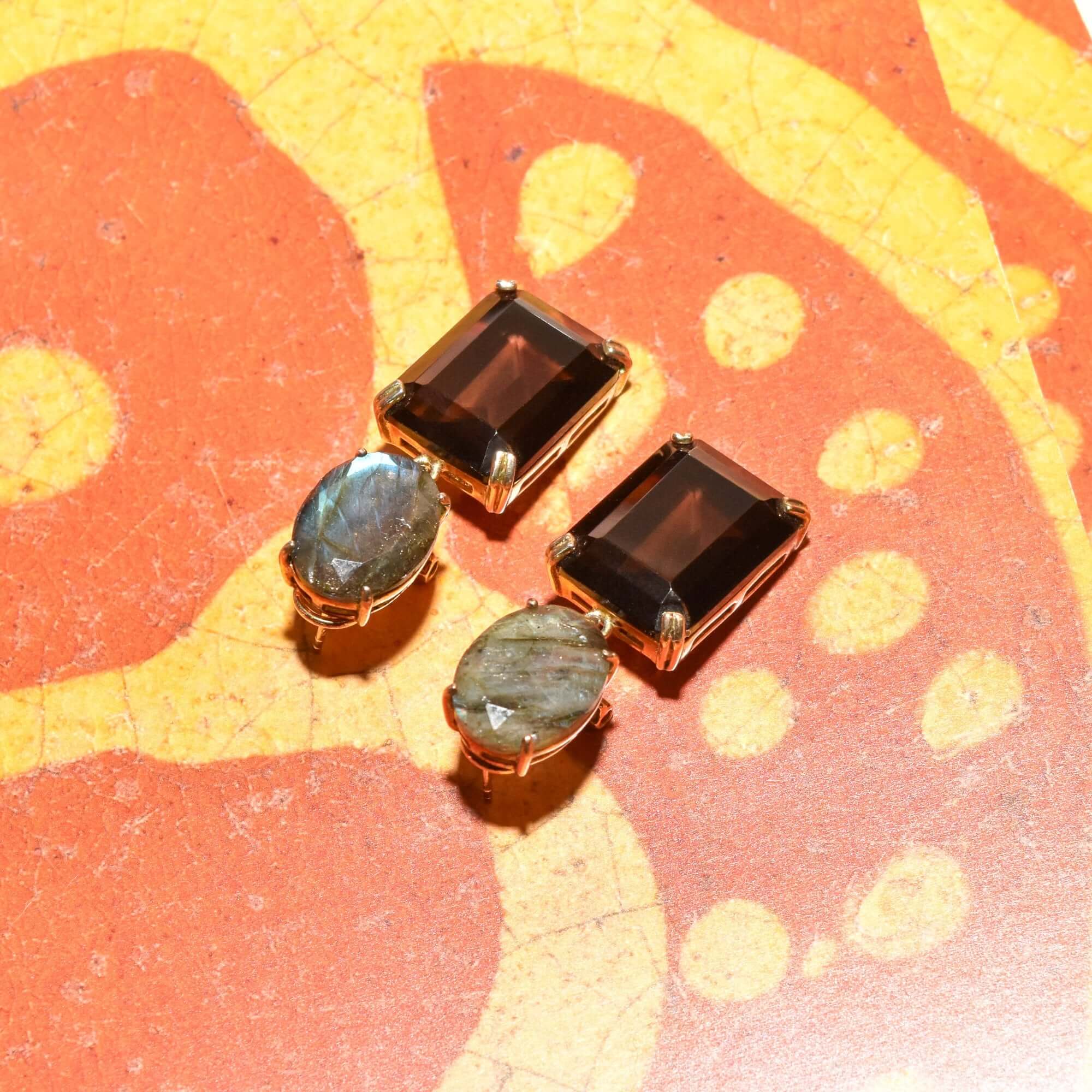 Labradorite & Smoky Quartz Dangle Earrings, Gilt Bronze/Sterling Silver Omega Backs, Gemstone Jewelry, 40mm