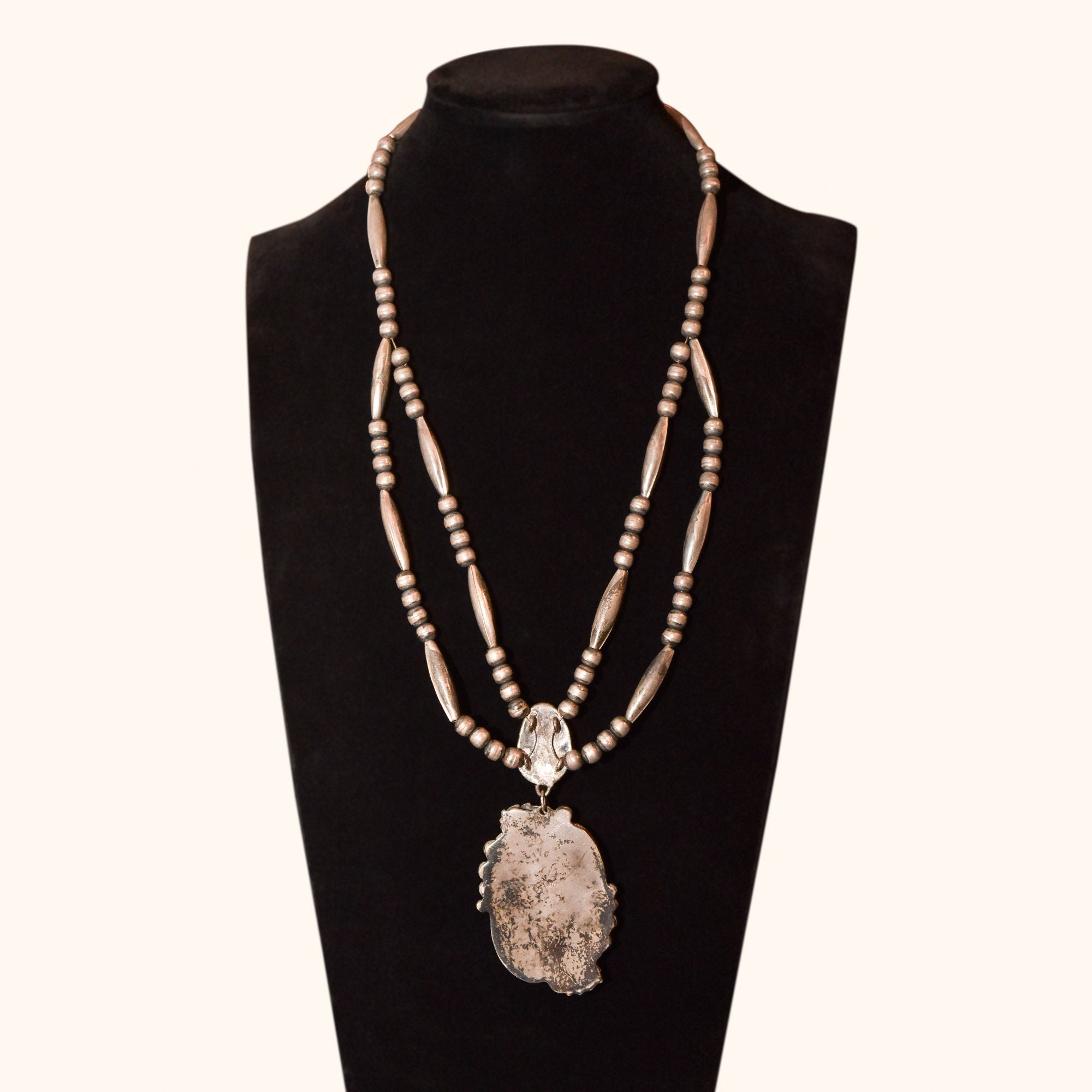 Native American Turquoise Pendant Necklace In Sterling Silver, Leaf Motifs, Navajo Pearls, 20.5" L