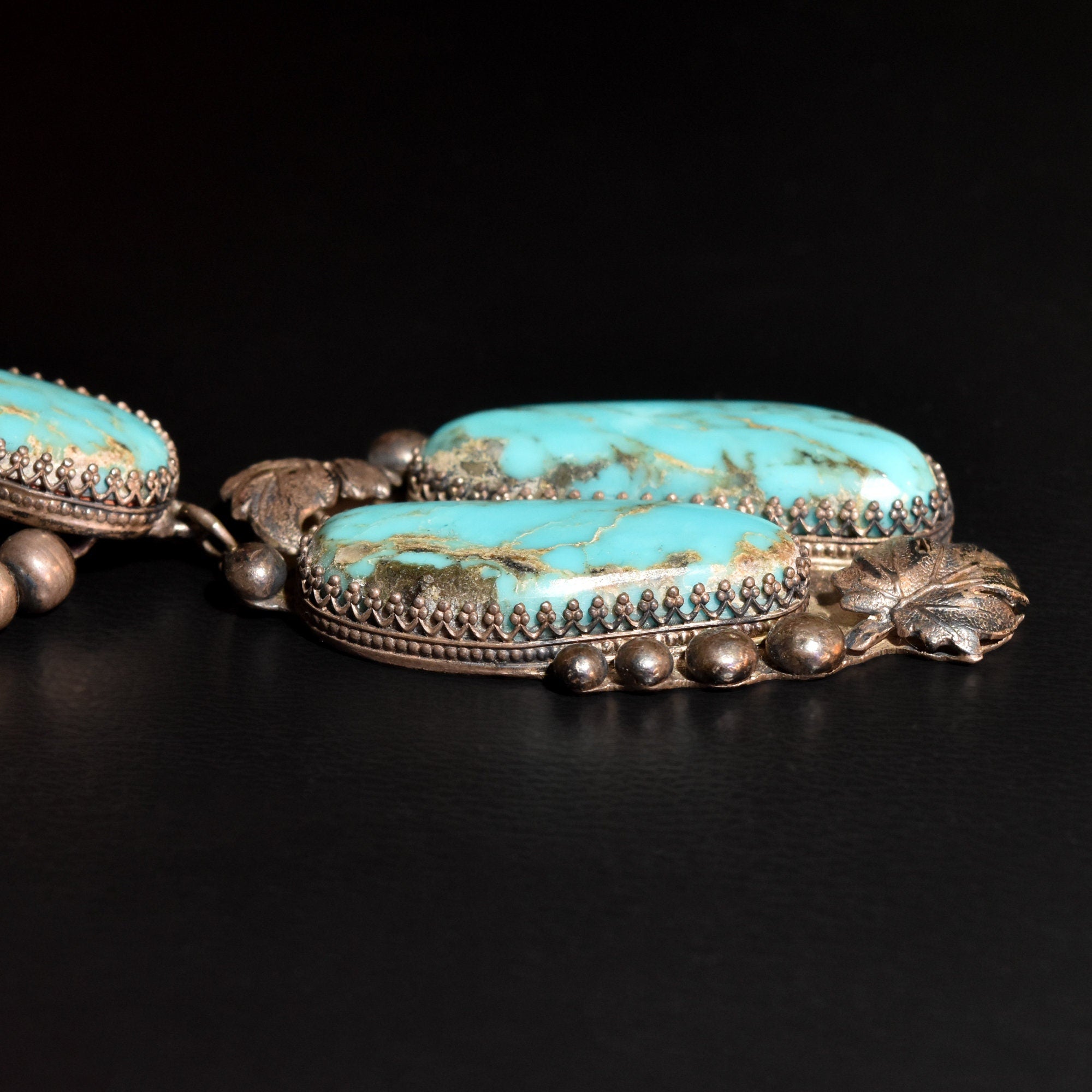 Native American Turquoise Pendant Necklace In Sterling Silver, Leaf Motifs, Navajo Pearls, 20.5" L