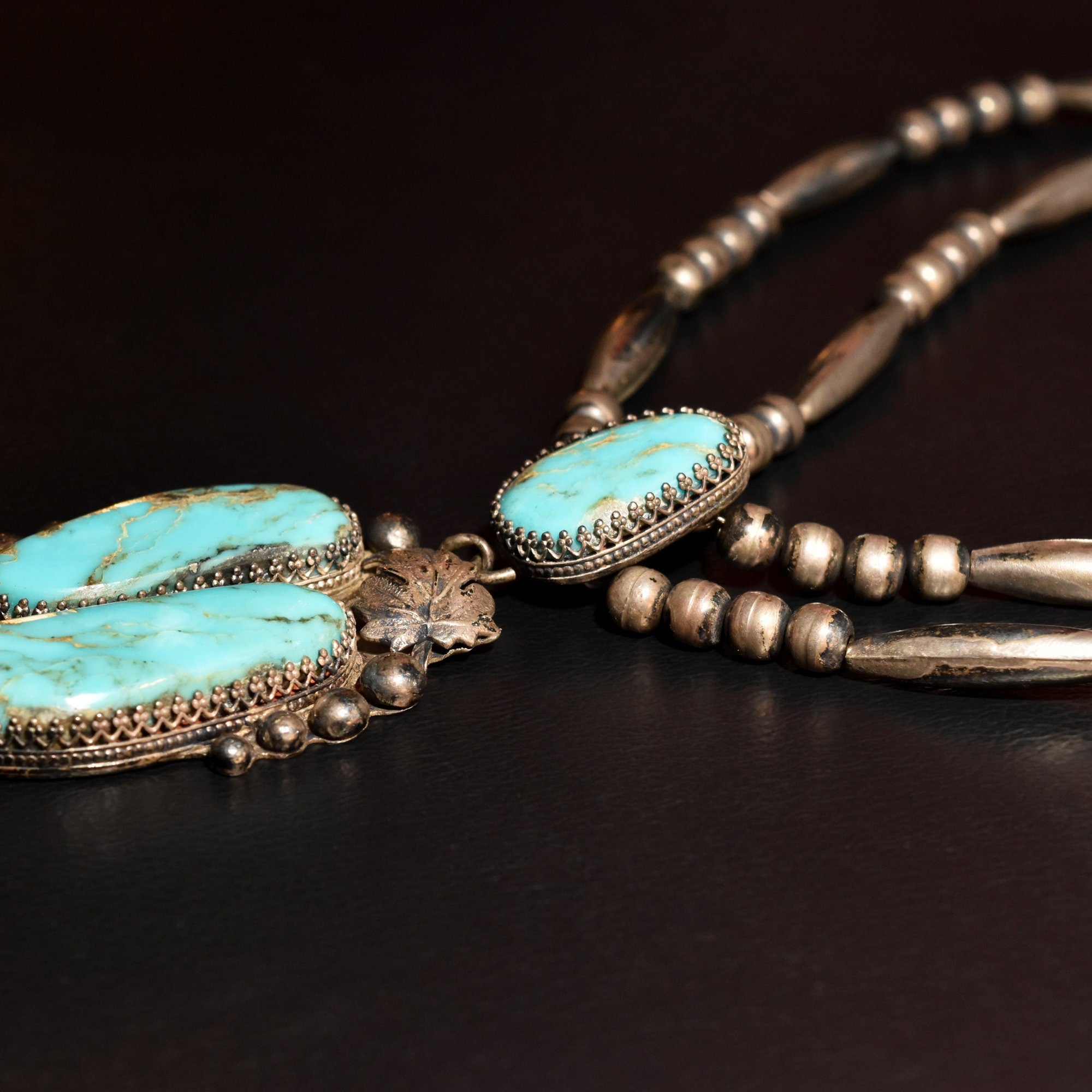 Native American Turquoise Pendant Necklace In Sterling Silver, Leaf Motifs, Navajo Pearls, 20.5" L