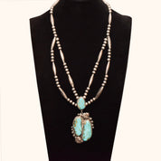 Native American Turquoise Pendant Necklace In Sterling Silver, Leaf Motifs, Navajo Pearls, 20.5" L