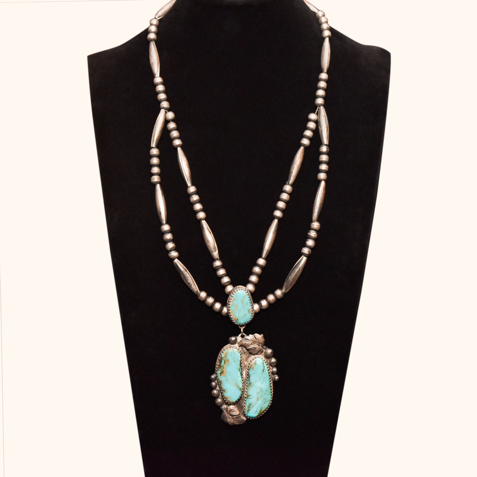 Native American Turquoise Pendant Necklace In Sterling Silver, Leaf Motifs, Navajo Pearls, 20.5" L