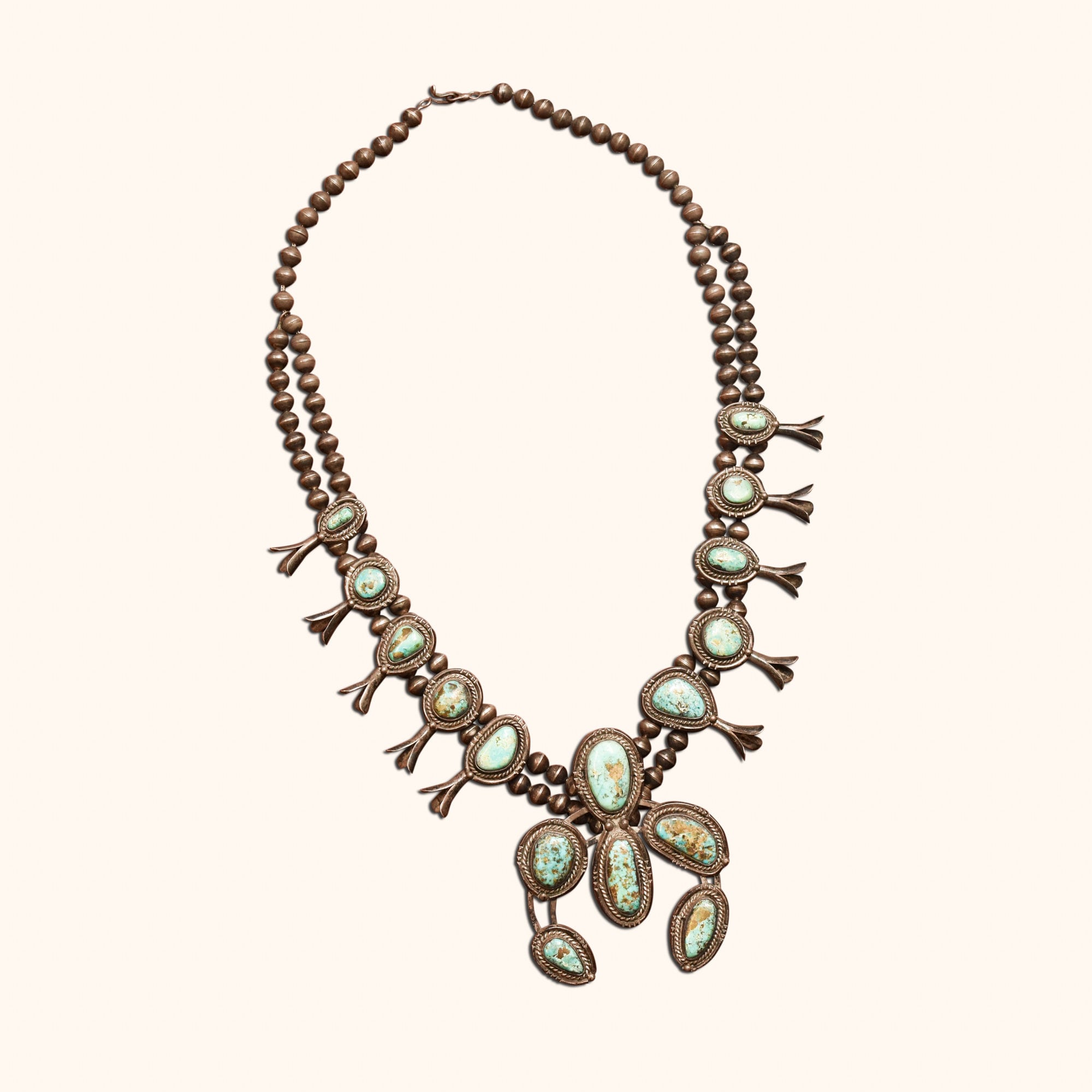 Native American Turquoise Squash Blossom Necklace, Naja Pendant, Navajo Pearls, Old Pawn Jewelry, 26" L