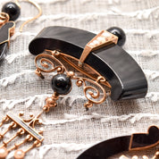 Antique Art Nouveau 14K Onyx & Pearl Earrings With Matching Brooch, Victorian Mourning Jewelry