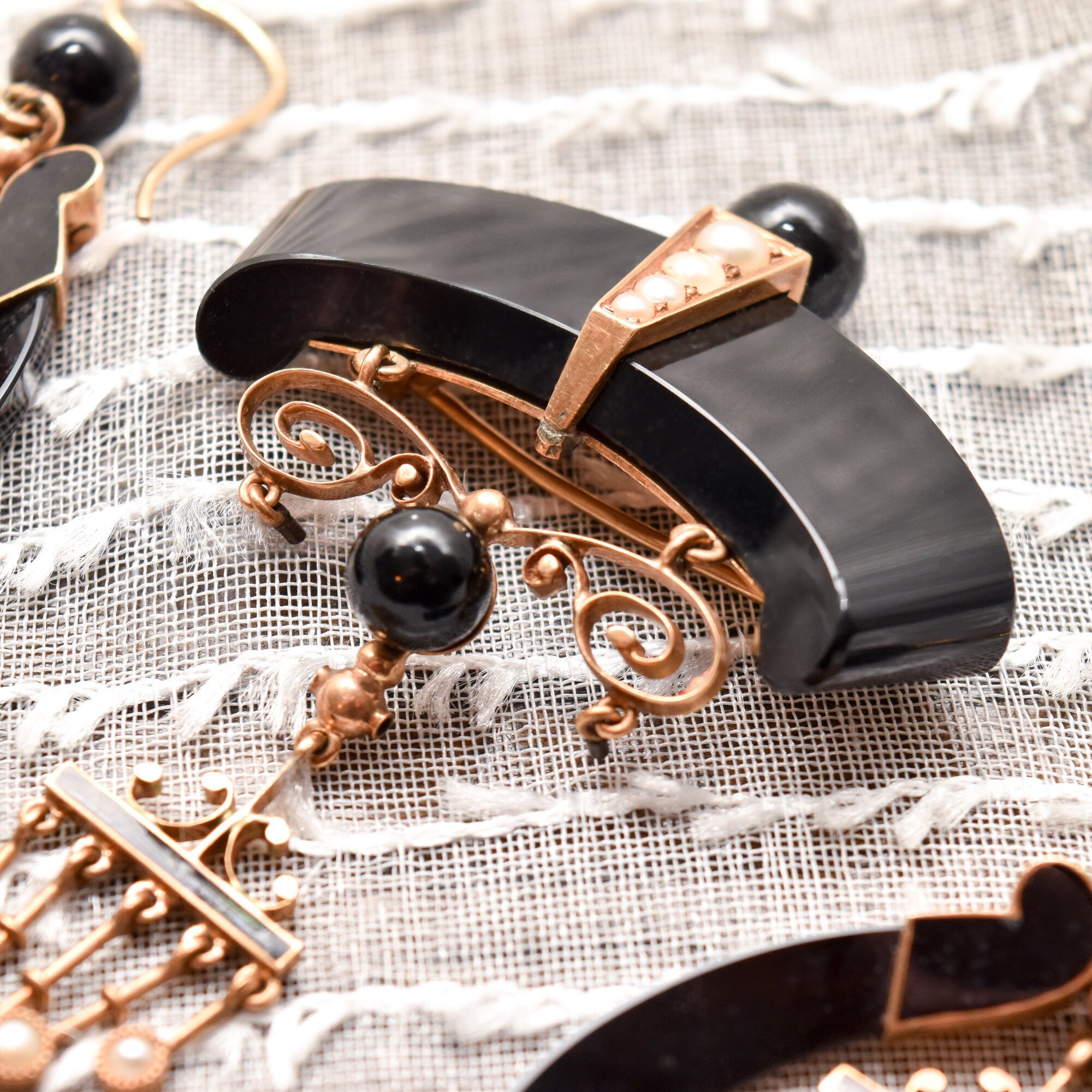 Antique Art Nouveau 14K Onyx & Pearl Earrings With Matching Brooch, Victorian Mourning Jewelry