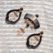 Antique Art Nouveau 14K Onyx & Pearl Earrings With Matching Brooch, Victorian Mourning Jewelry