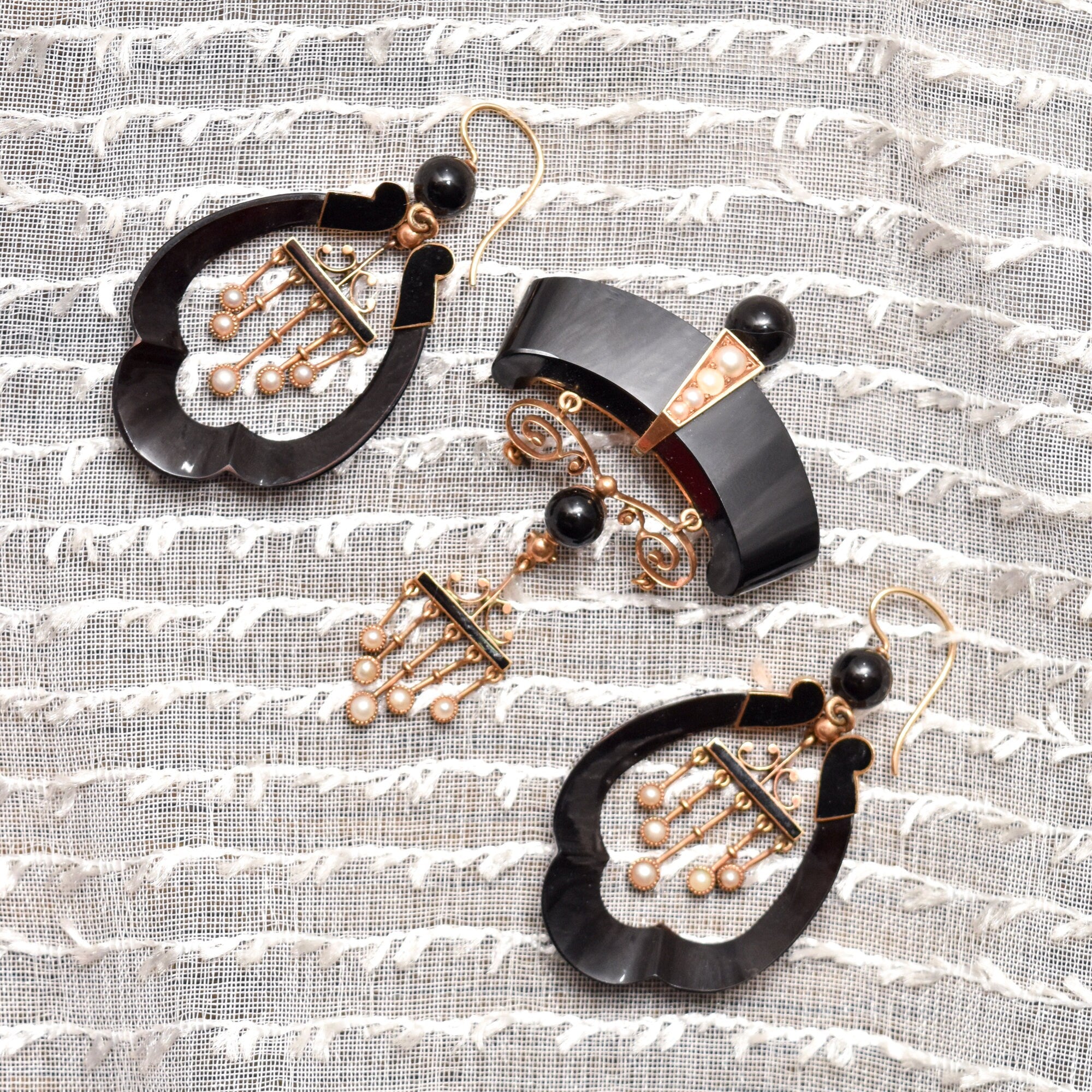 Antique Art Nouveau 14K Onyx & Pearl Earrings With Matching Brooch, Victorian Mourning Jewelry