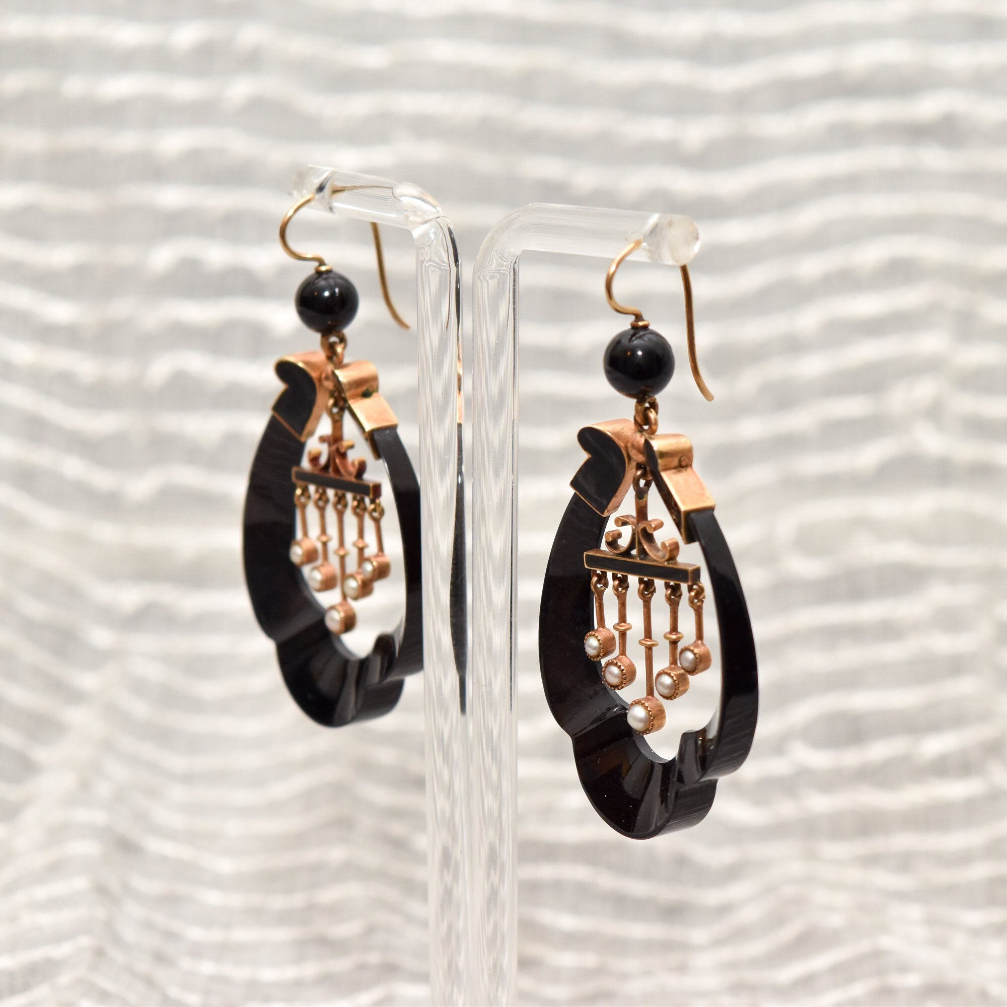 Antique Art Nouveau 14K Onyx & Pearl Earrings With Matching Brooch, Victorian Mourning Jewelry