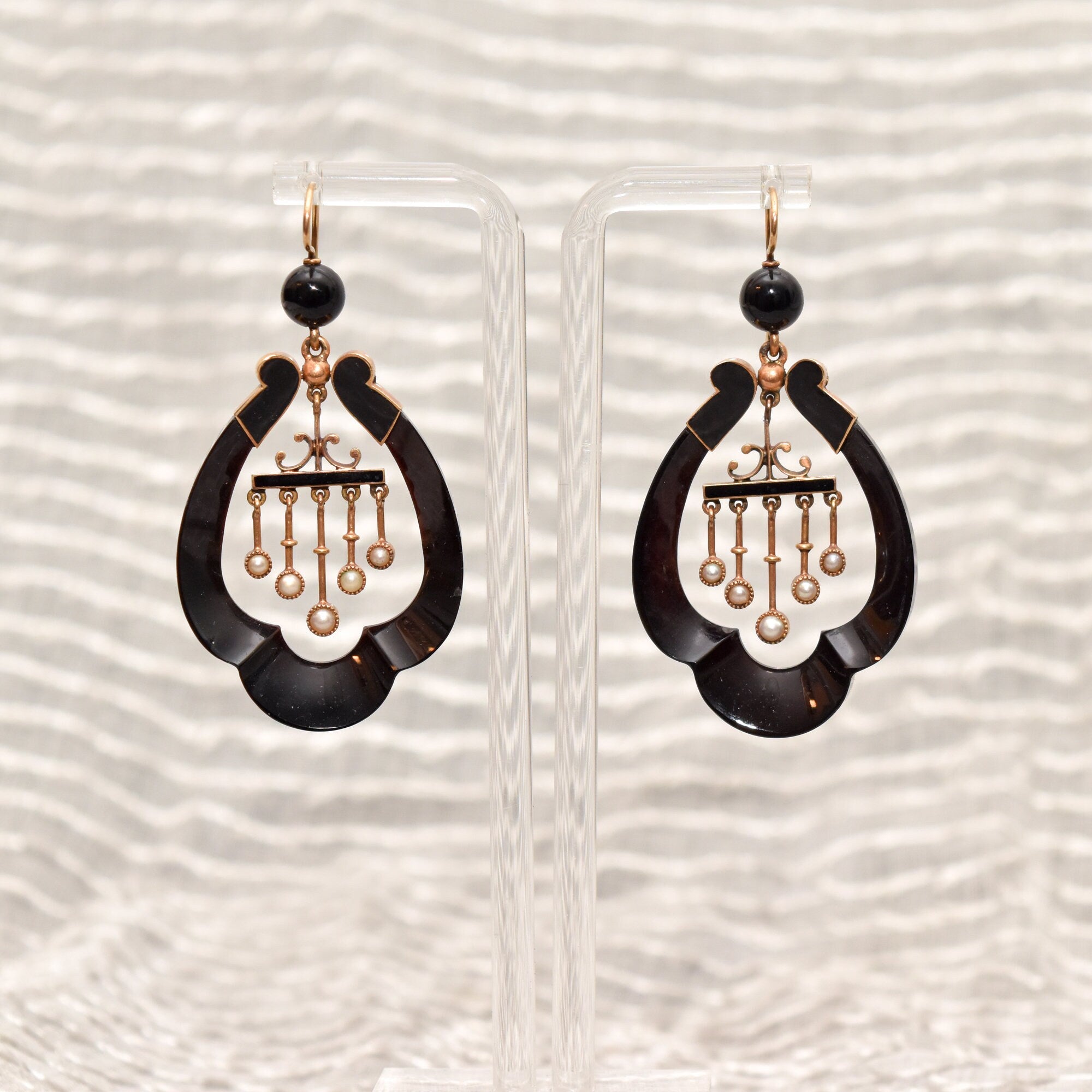 Antique Art Nouveau 14K Onyx & Pearl Earrings With Matching Brooch, Victorian Mourning Jewelry