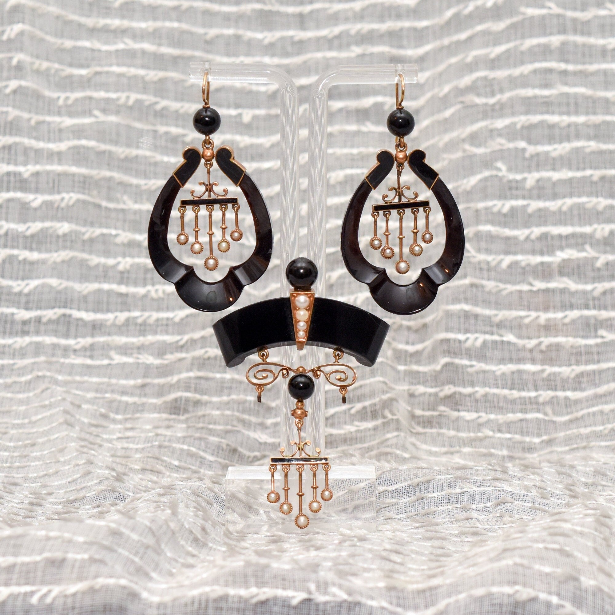 Antique Art Nouveau 14K Onyx & Pearl Earrings With Matching Brooch, Victorian Mourning Jewelry