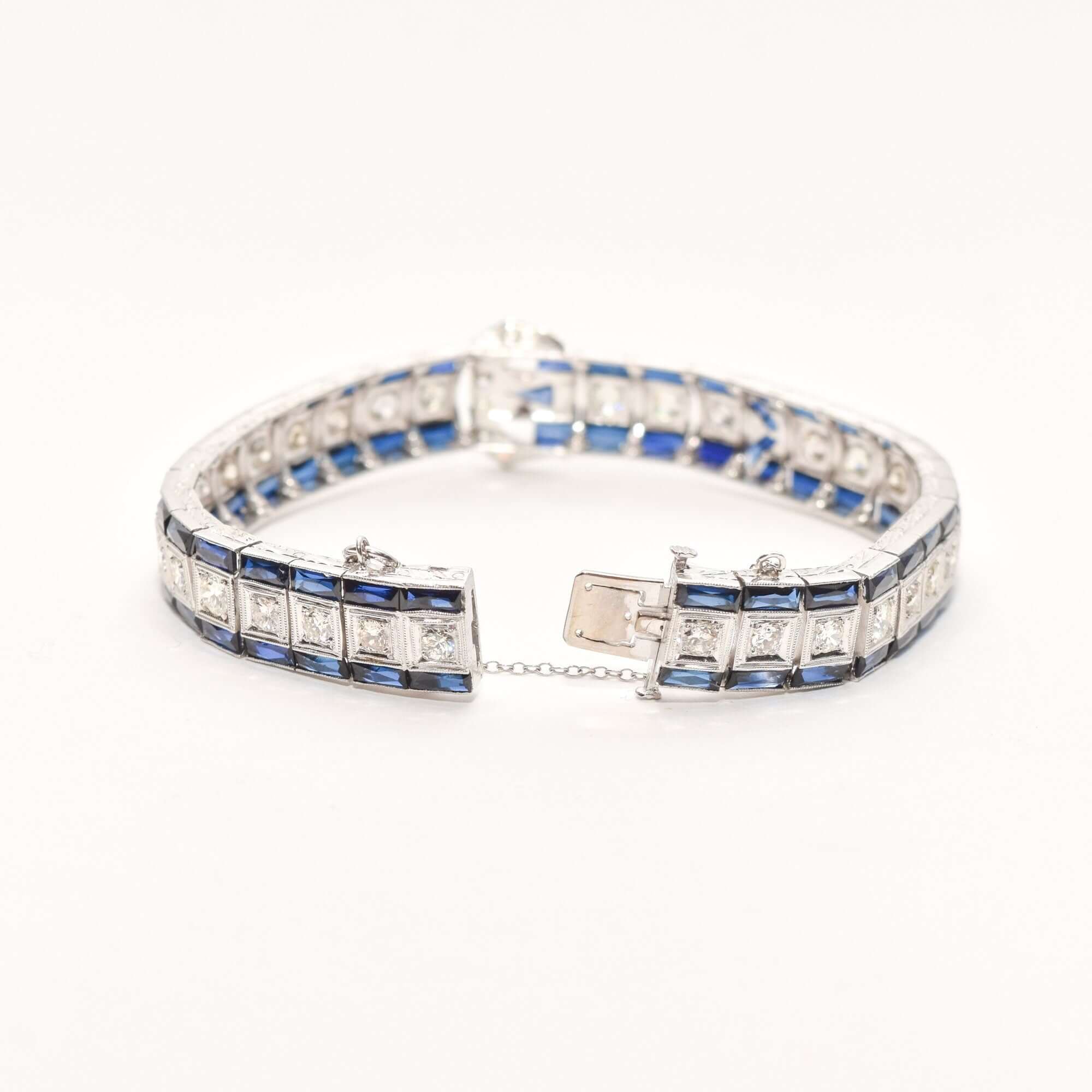 Art Deco Platinum Natural Diamond & Synthetic Sapphire Belt Buckle Link Bracelet
