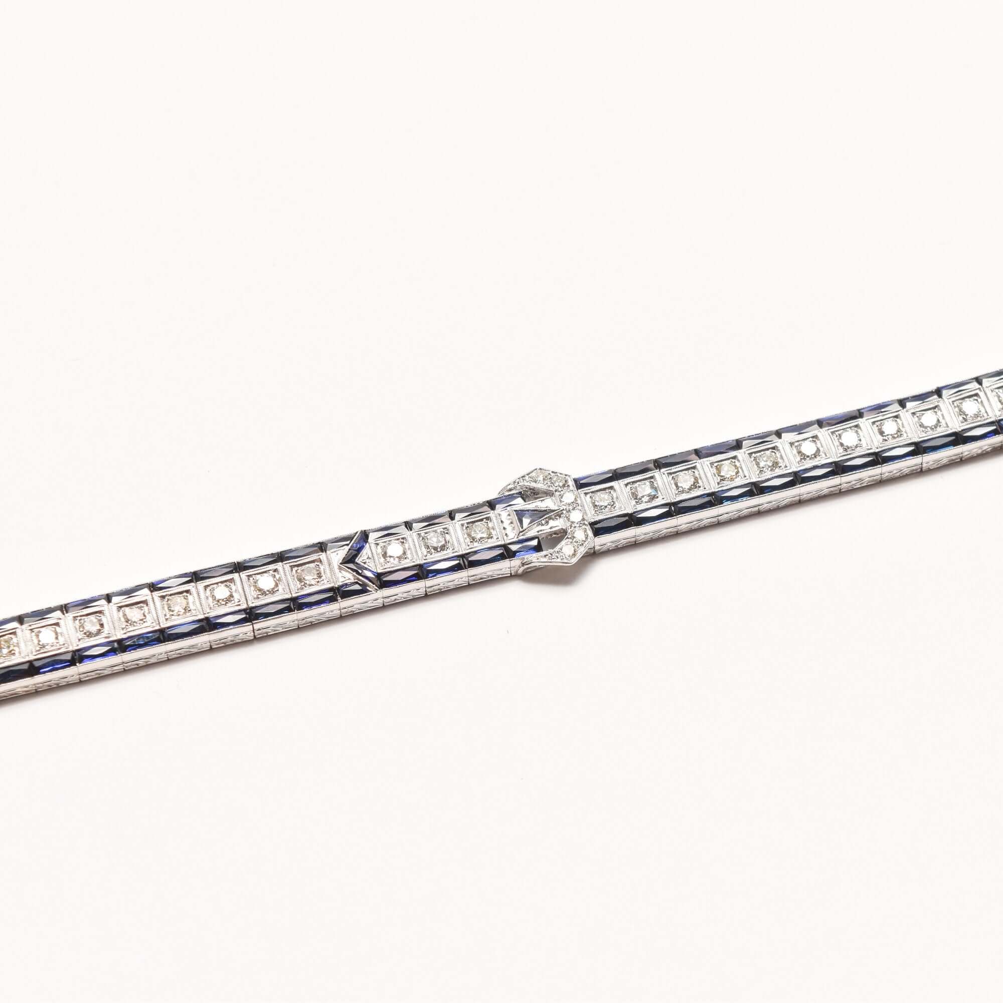 Art Deco Platinum Natural Diamond & Synthetic Sapphire Belt Buckle Link Bracelet