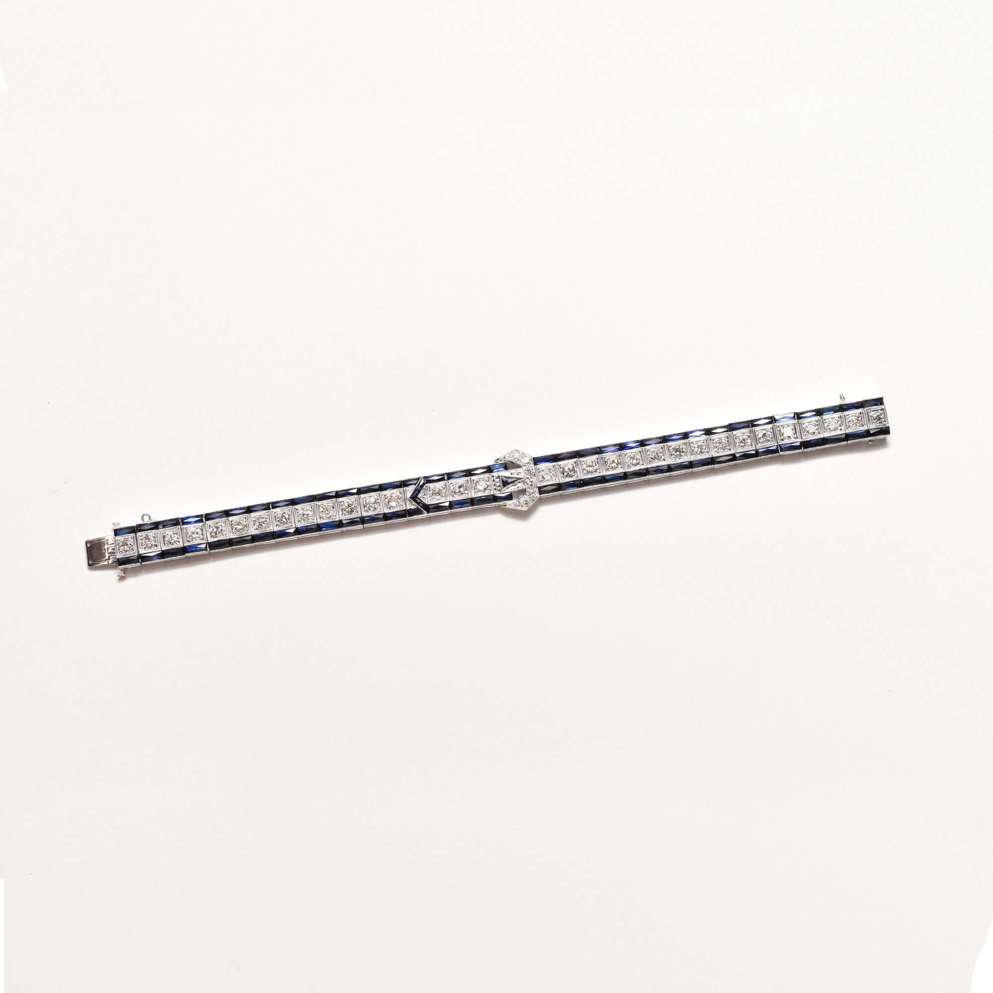 Art Deco Platinum Natural Diamond & Synthetic Sapphire Belt Buckle Link Bracelet