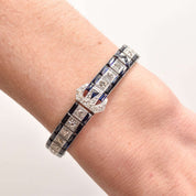Art Deco Platinum Natural Diamond & Synthetic Sapphire Belt Buckle Link Bracelet
