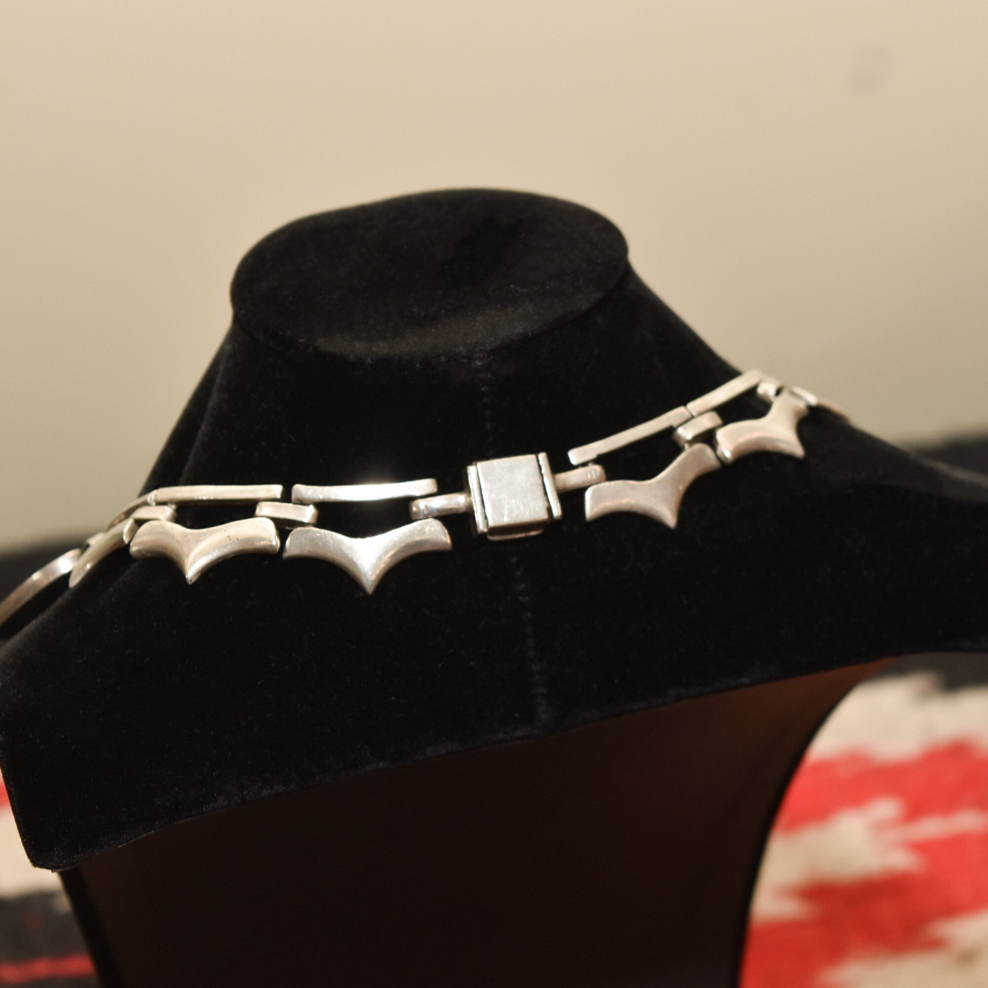 TAXCO Sterling Silver 950 Black Onyx Inlay Heart Collar Necklace, Mexico TN-57