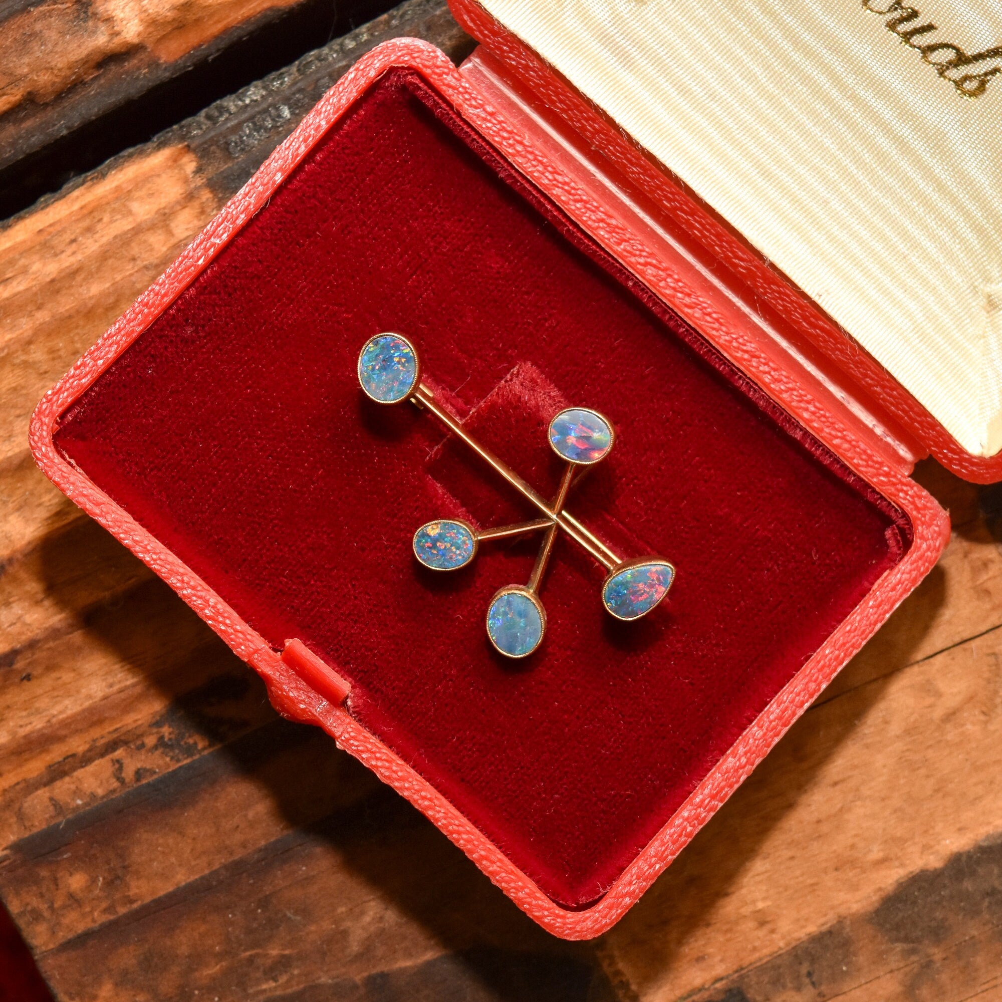 Abstract Modernist 10K Blue Opal Brooch Pendant, 5-Stone Atomic Style Bar Pin, Estate Jewelry