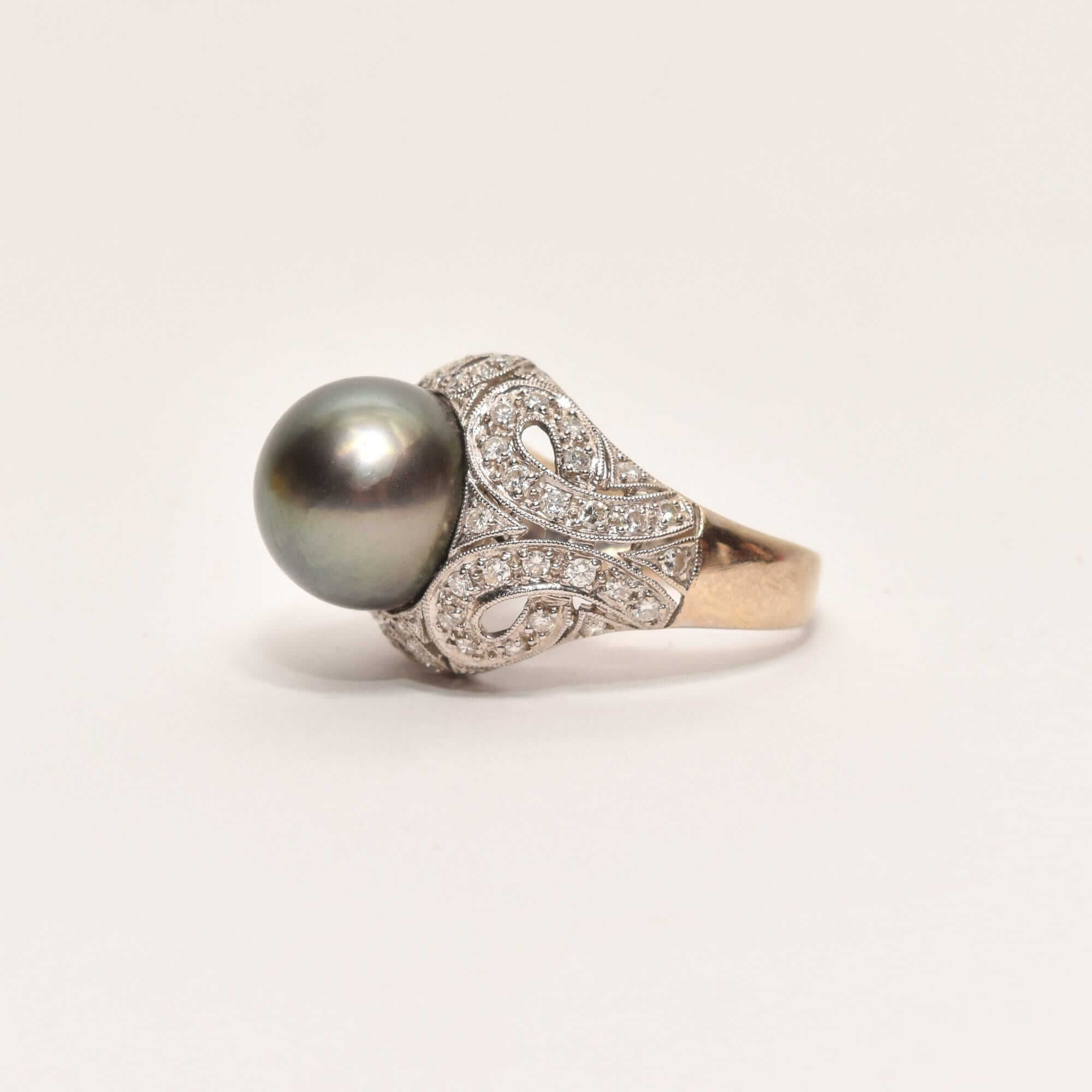 18K Diamond Pave Tahitian Pearl Bombe Ring In White Gold