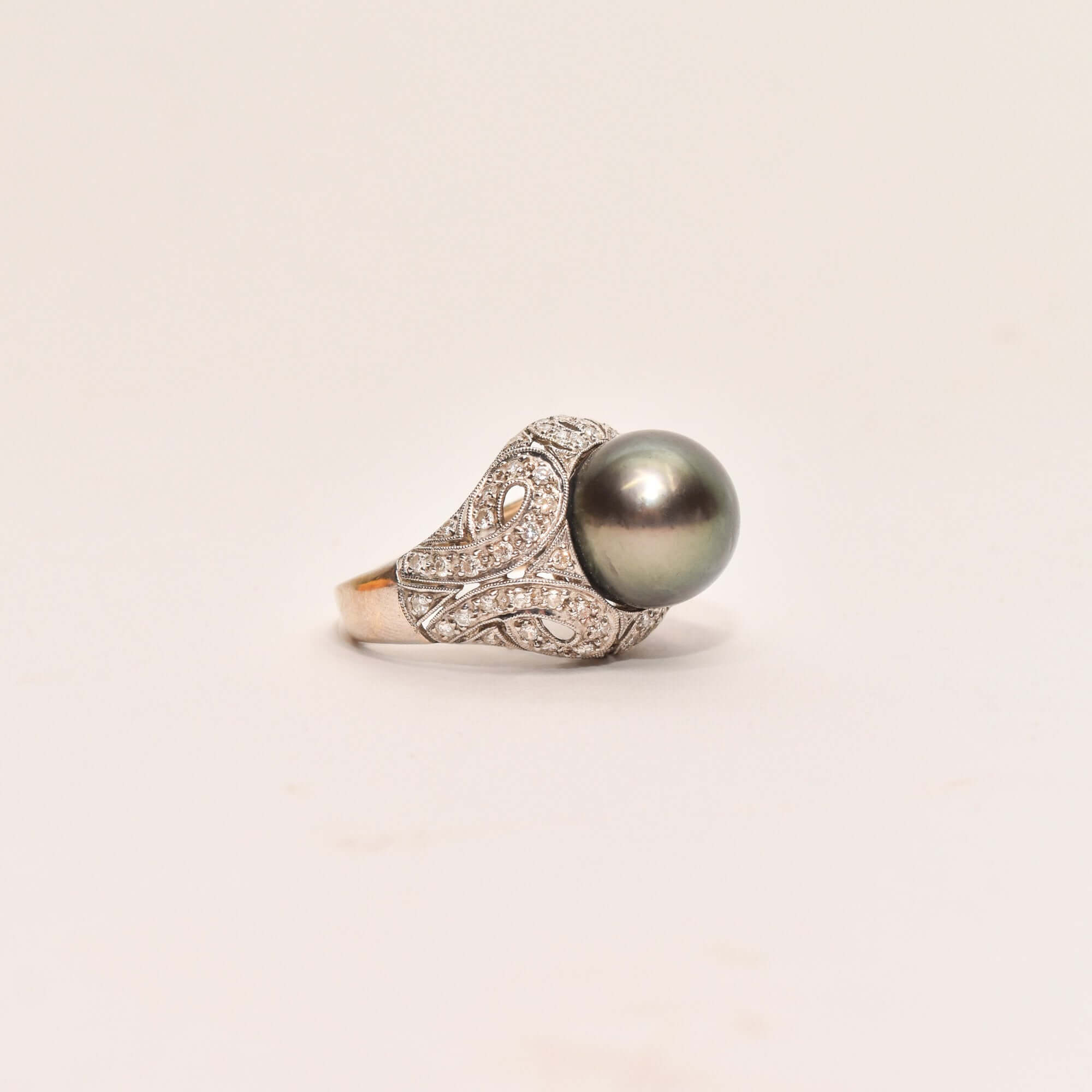 18K Diamond Pave Tahitian Pearl Bombe Ring In White Gold