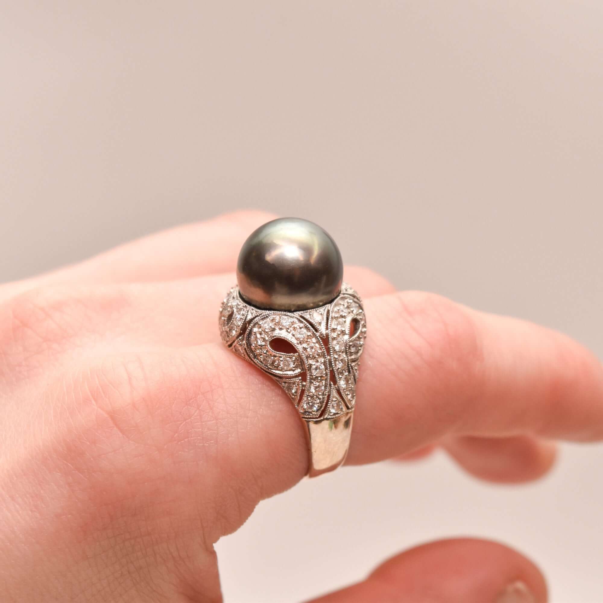 18K Diamond Pave Tahitian Pearl Bombe Ring In White Gold