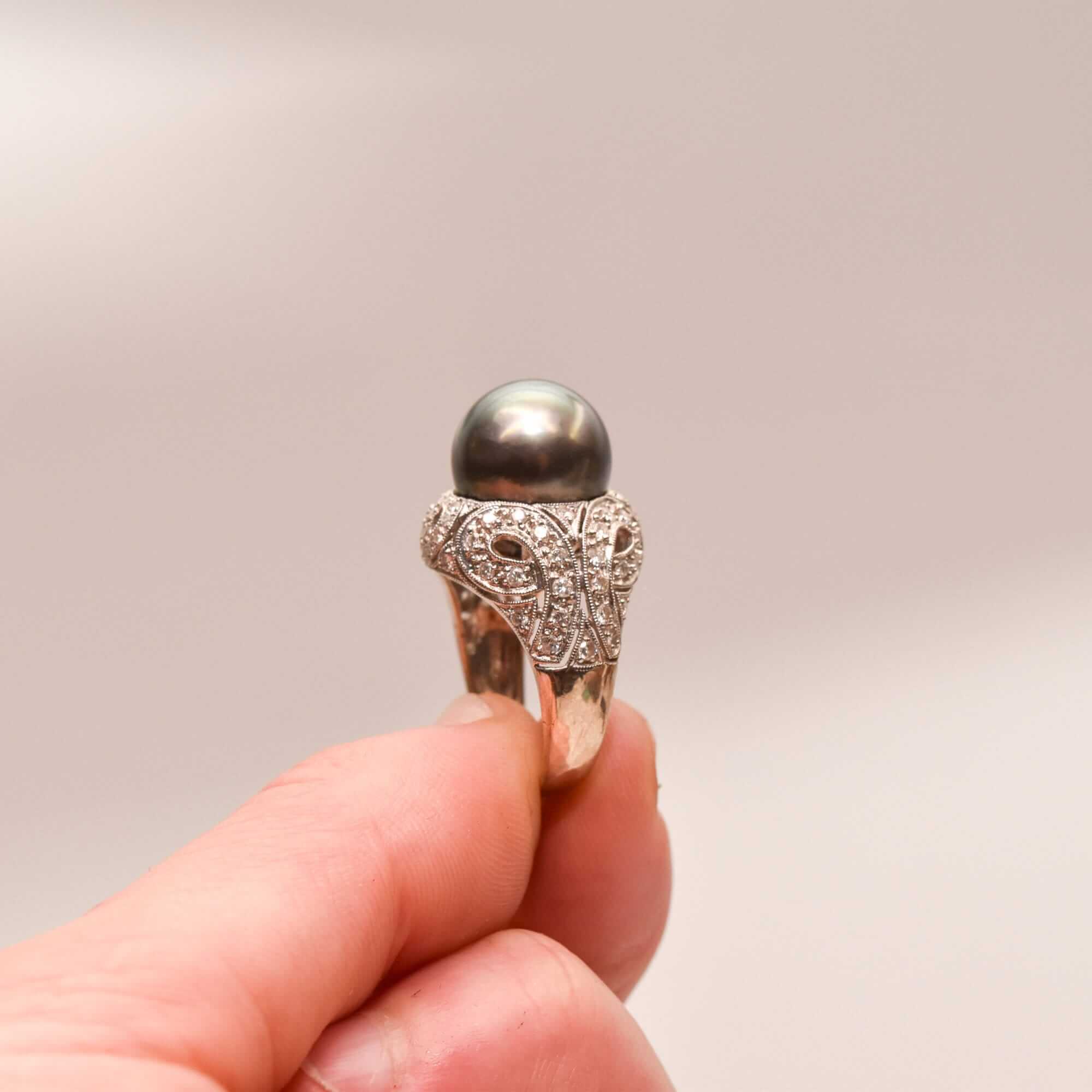 18K Diamond Pave Tahitian Pearl Bombe Ring In White Gold