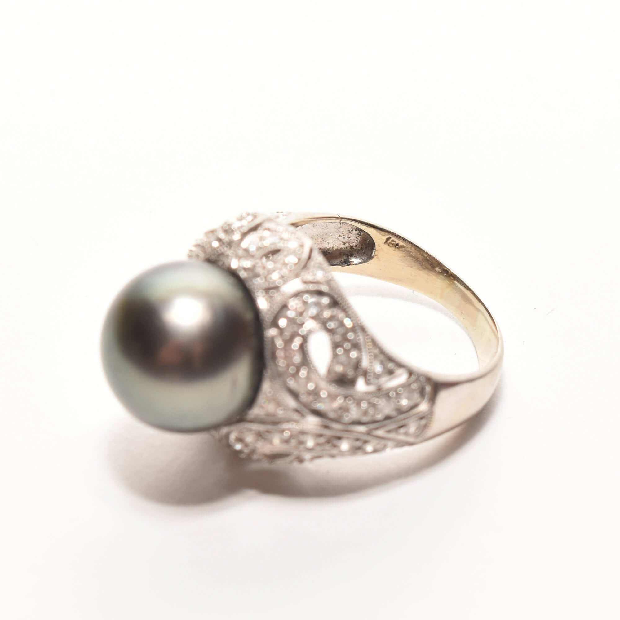 18K Diamond Pave Tahitian Pearl Bombe Ring In White Gold