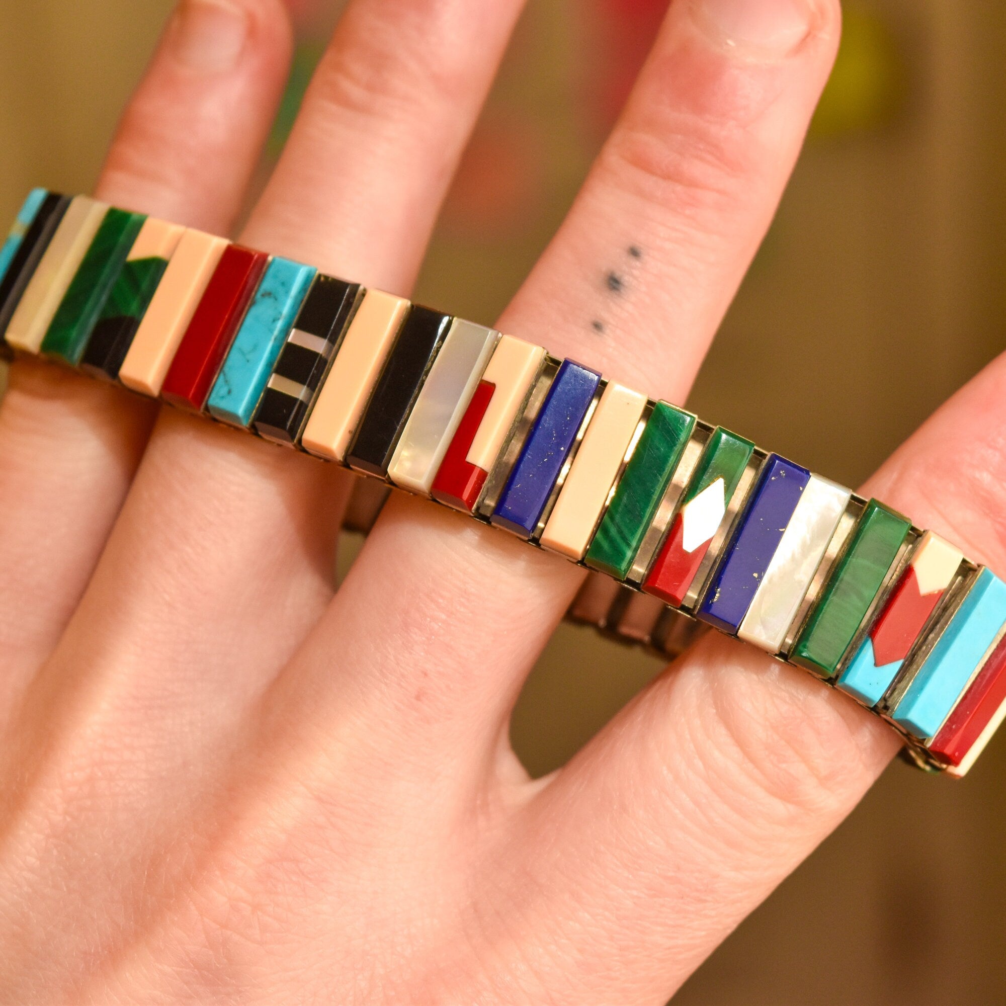 Unique Multi-Stone Stretch Metal Bracelet, Slingshot Watch Band, Southwestern Jewelry, 6.5"
