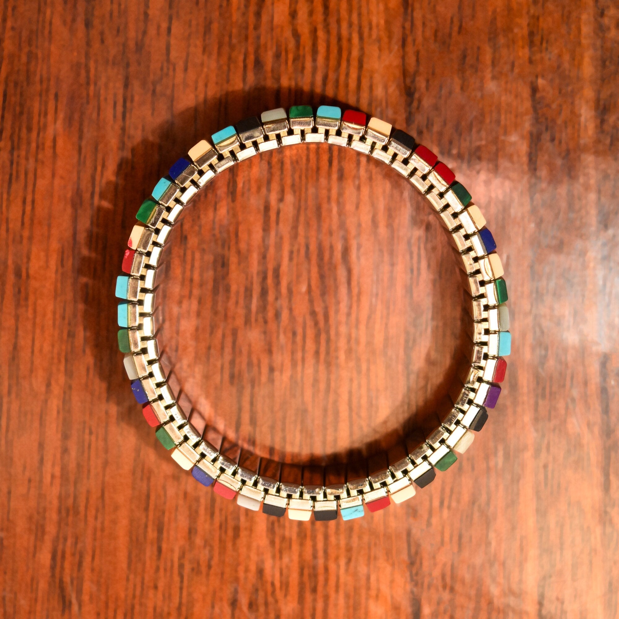 Unique Multi-Stone Stretch Metal Bracelet, Slingshot Watch Band, Southwestern Jewelry, 6.5"