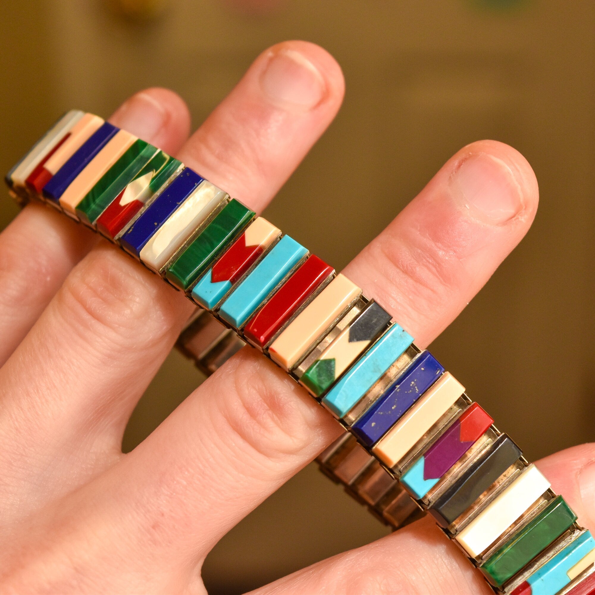 Unique Multi-Stone Stretch Metal Bracelet, Slingshot Watch Band, Southwestern Jewelry, 6.5"