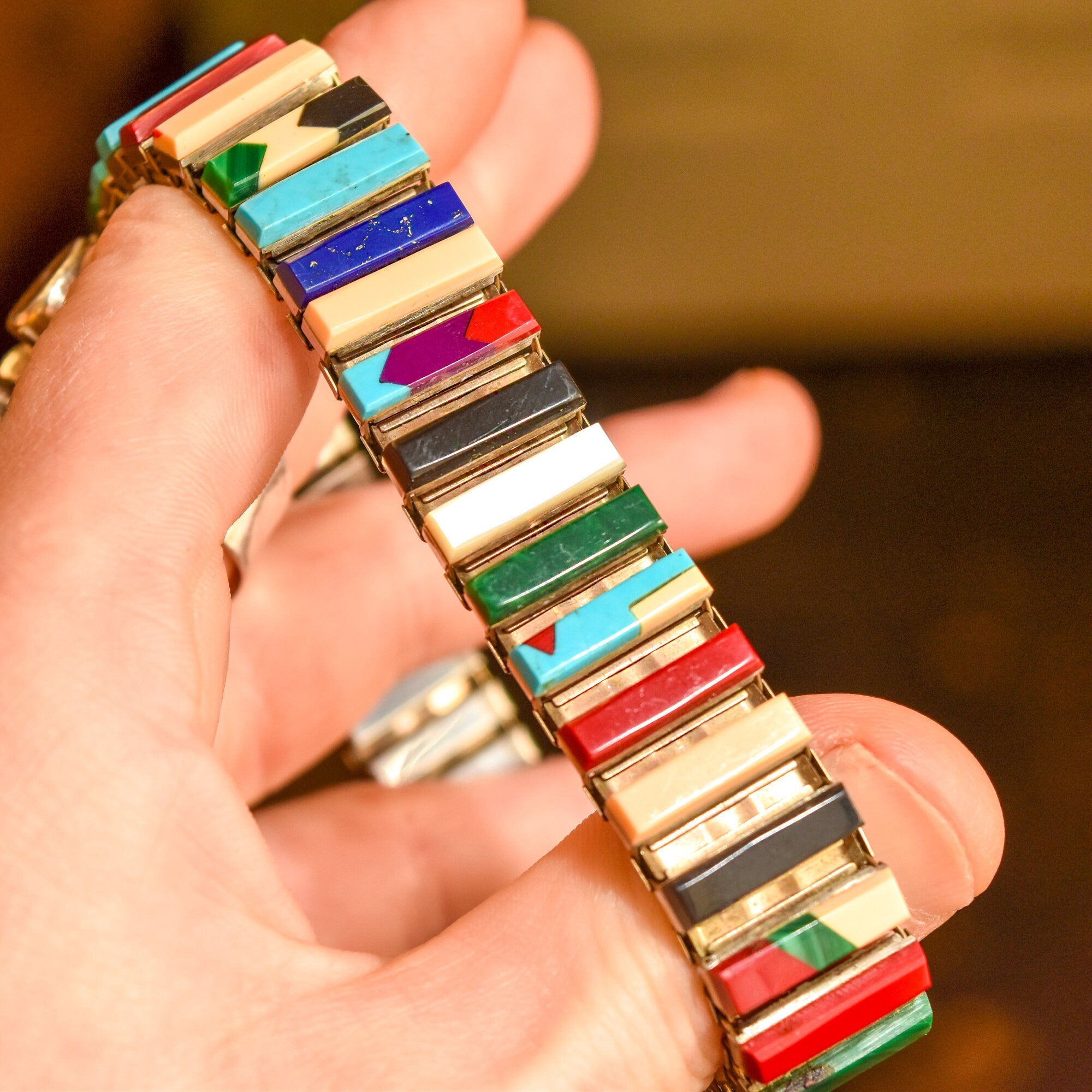 Unique Multi-Stone Stretch Metal Bracelet, Slingshot Watch Band, Southwestern Jewelry, 6.5"