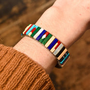 Unique Multi-Stone Stretch Metal Bracelet, Slingshot Watch Band, Southwestern Jewelry, 6.5"