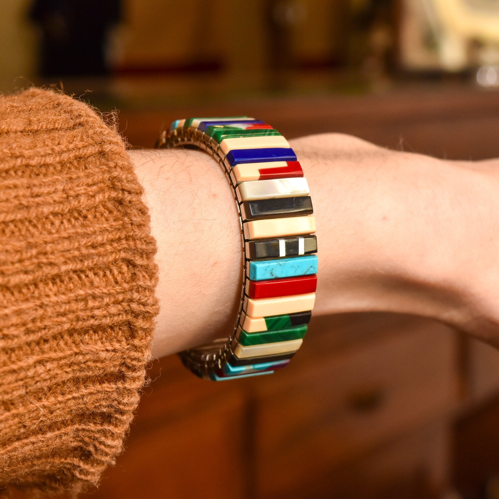 Unique Multi-Stone Stretch Metal Bracelet, Slingshot Watch Band, Southwestern Jewelry, 6.5"