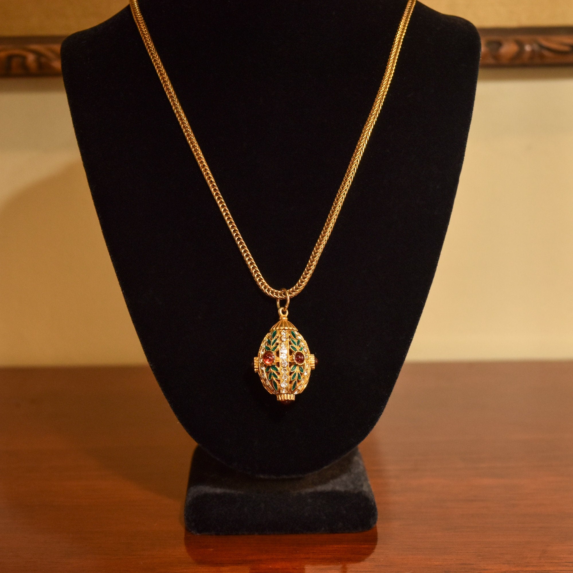 Russian Faberge Egg Charm Pendant, Enamel & Swarovski Crystals, Estate Jewelry, 32mm