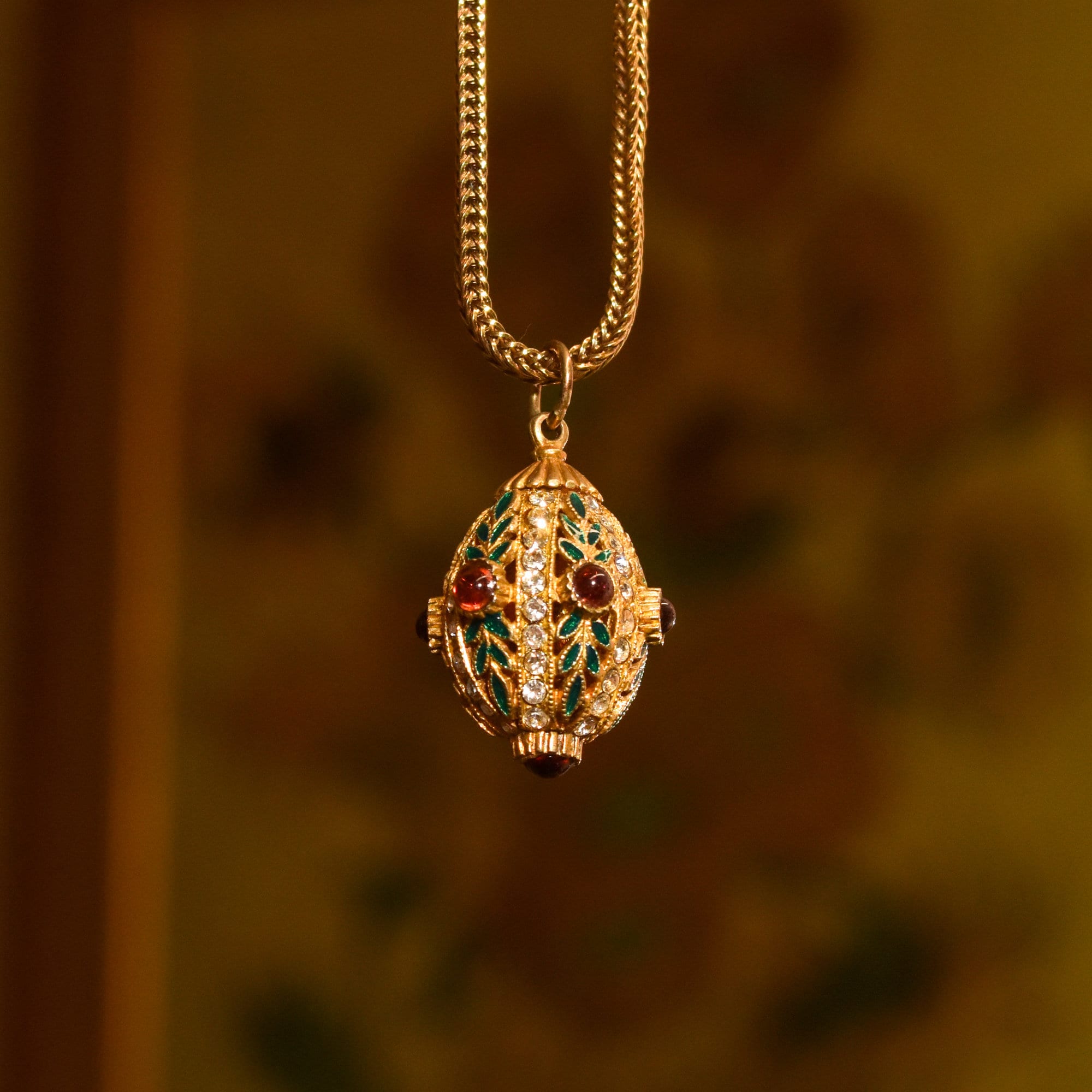 Russian Faberge Egg Charm Pendant, Enamel & Swarovski Crystals, Estate Jewelry, 32mm