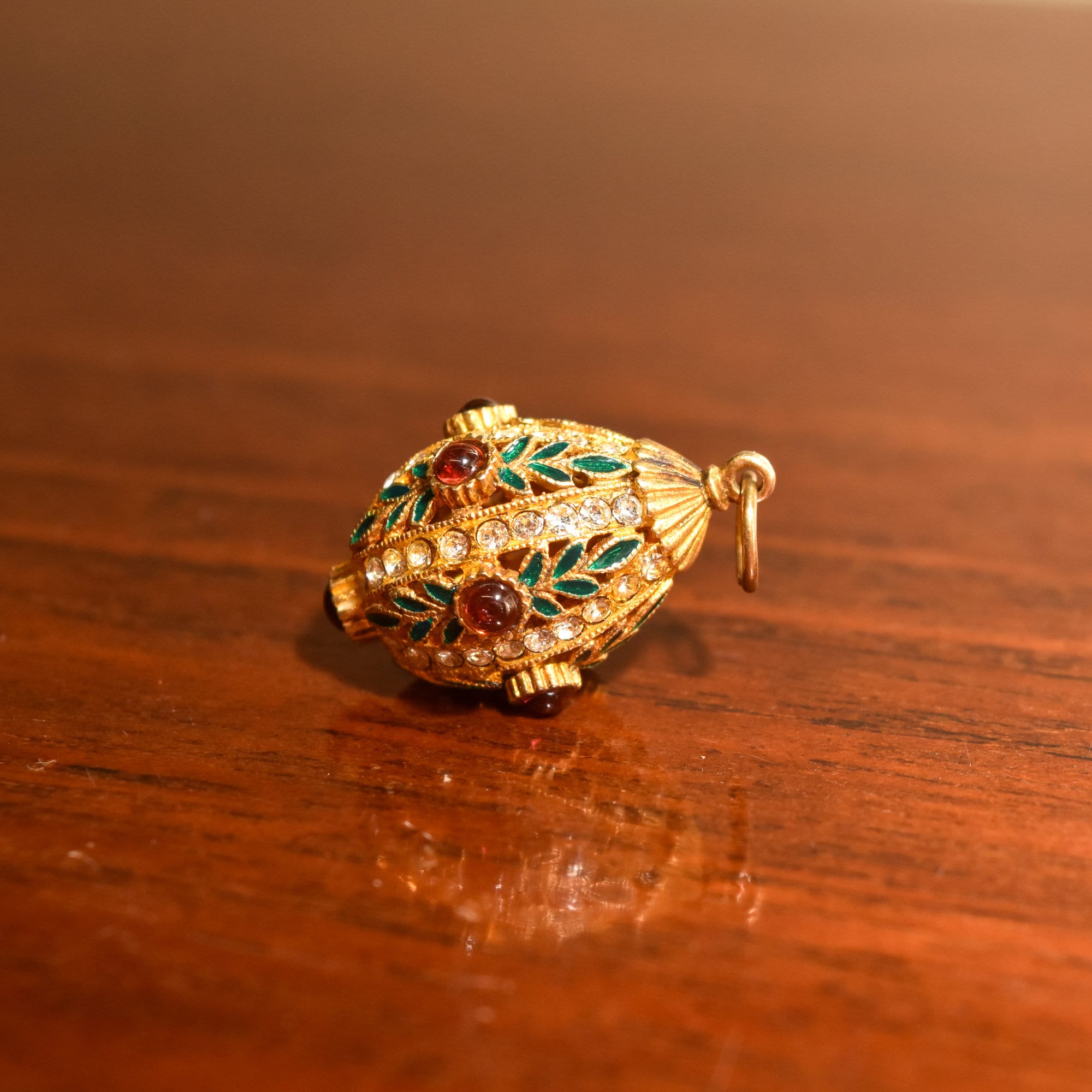 Russian Faberge Egg Charm Pendant, Enamel & Swarovski Crystals, Estate Jewelry, 32mm
