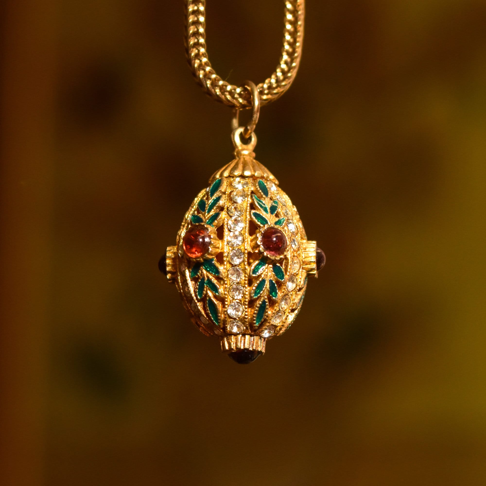 Russian Faberge Egg Charm Pendant, Enamel & Swarovski Crystals, Estate Jewelry, 32mm