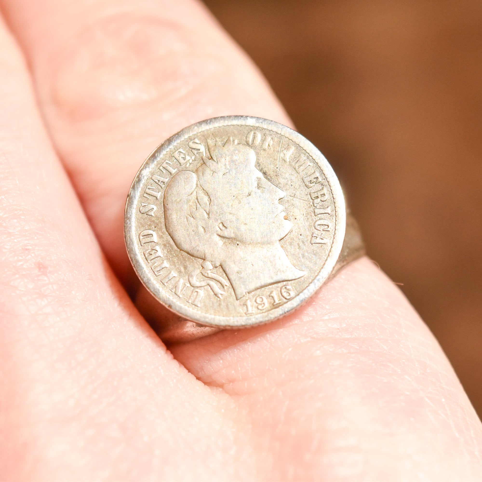 Sterling Silver 1916 Liberty Barber Dime Coin Ring, Men's Jewelry, Size 9 1/4 US