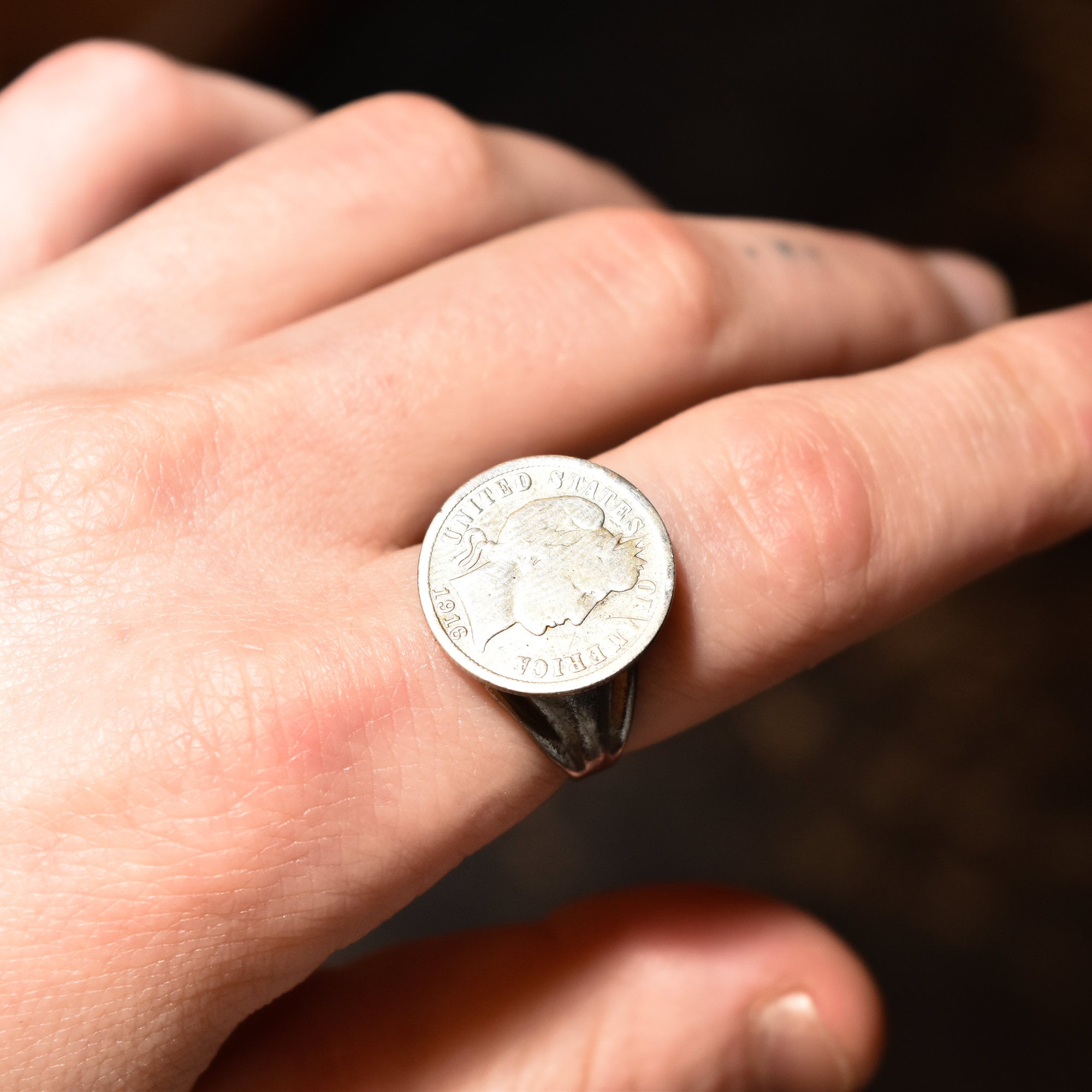 Sterling Silver 1916 Liberty Barber Dime Coin Ring, Men's Jewelry, Size 9 1/4 US