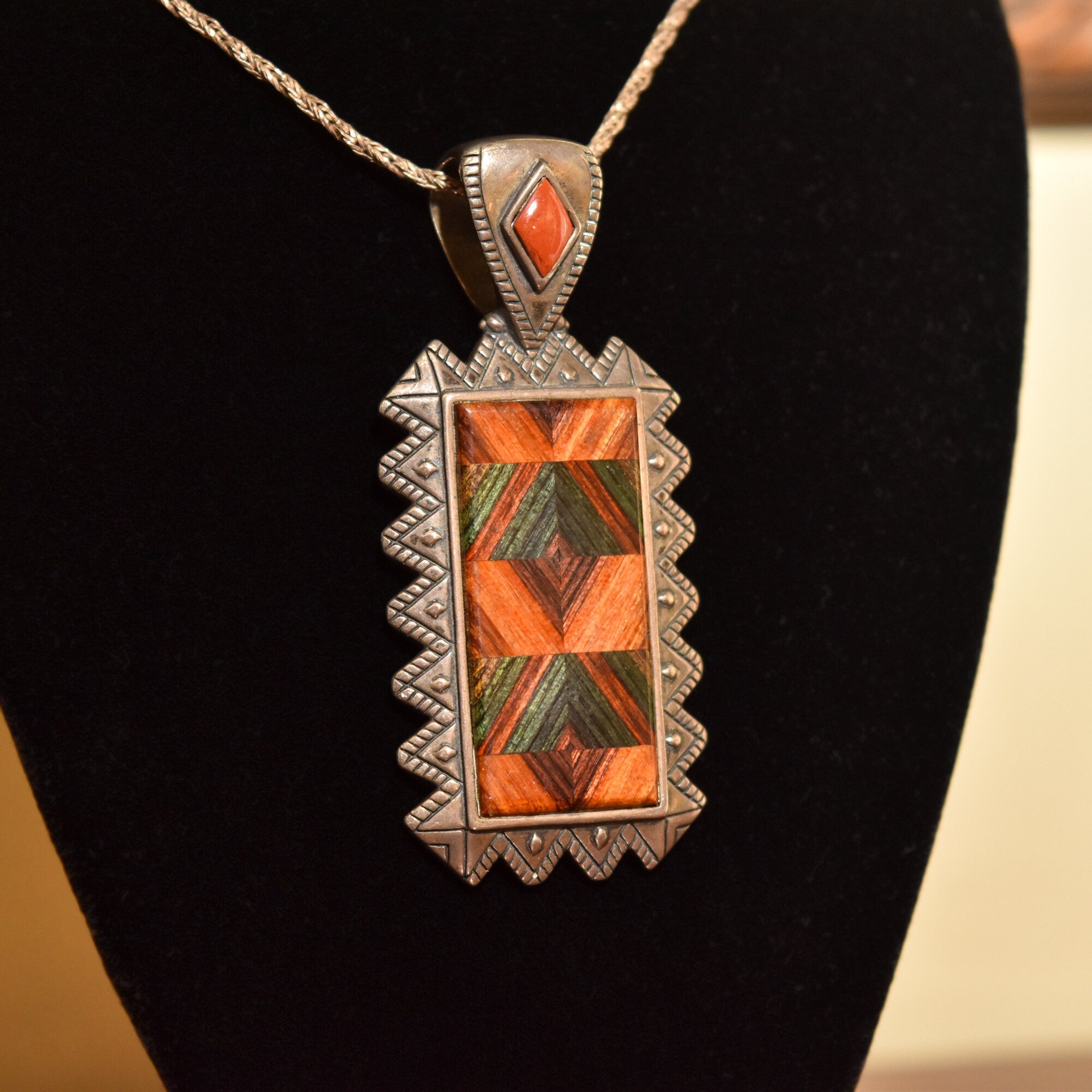 Beautiful Mosaic Inlay Sterling Silver Pendant, Relios By Carolyn Pollack, Southwestern Jewelry, 2.5"