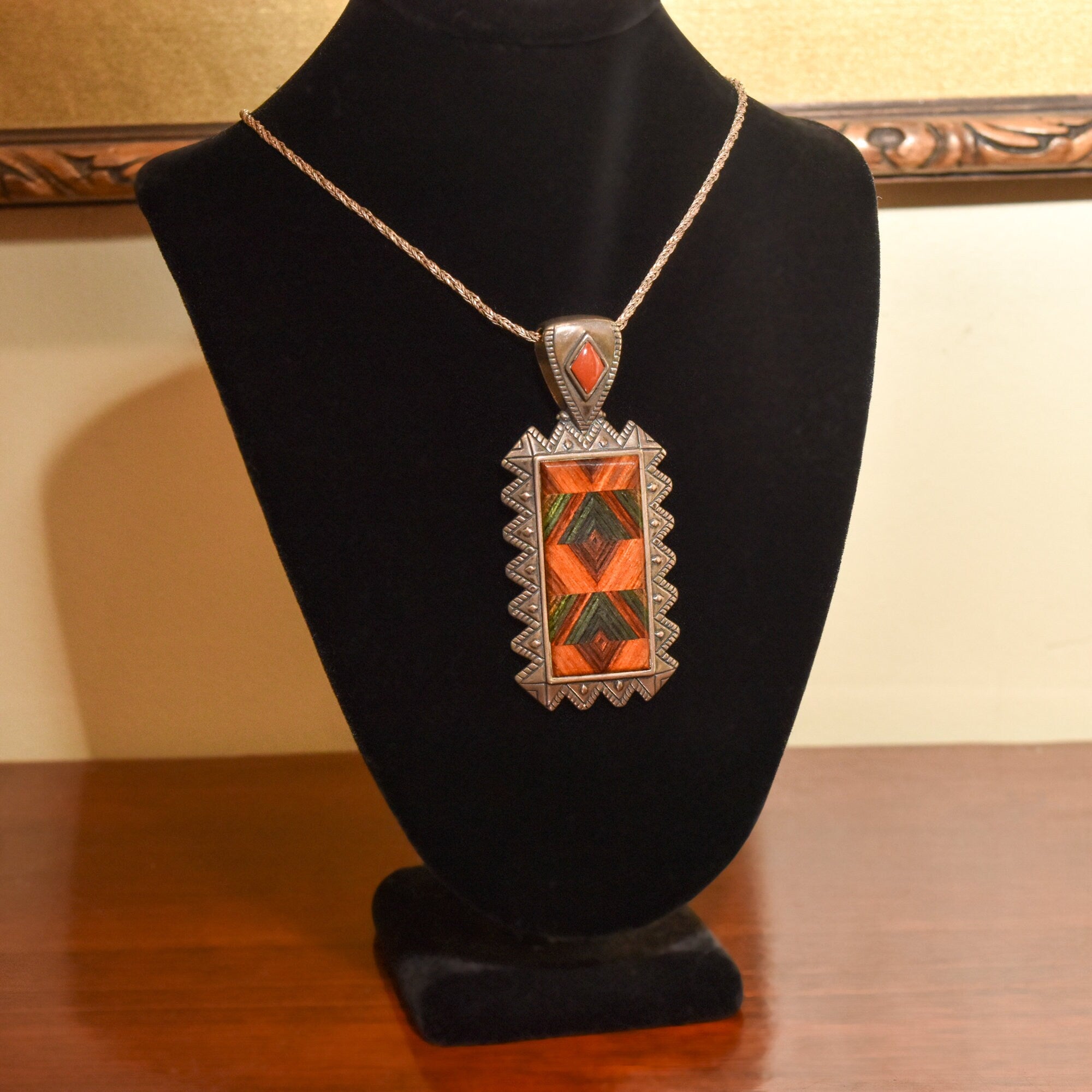 Beautiful Mosaic Inlay Sterling Silver Pendant, Relios By Carolyn Pollack, Southwestern Jewelry, 2.5"